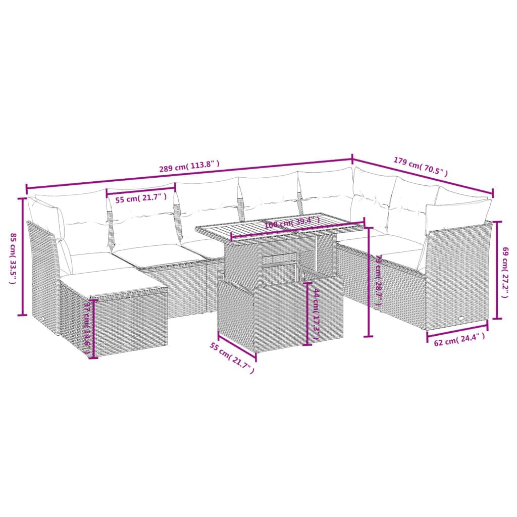 Set di 9 divani da giardino con cuscini, in polyrattan, resistente alle intemperie, per terrazza, balcone e giardino, con tavolo regolabile e spazio per riporre oggetti, per esterni