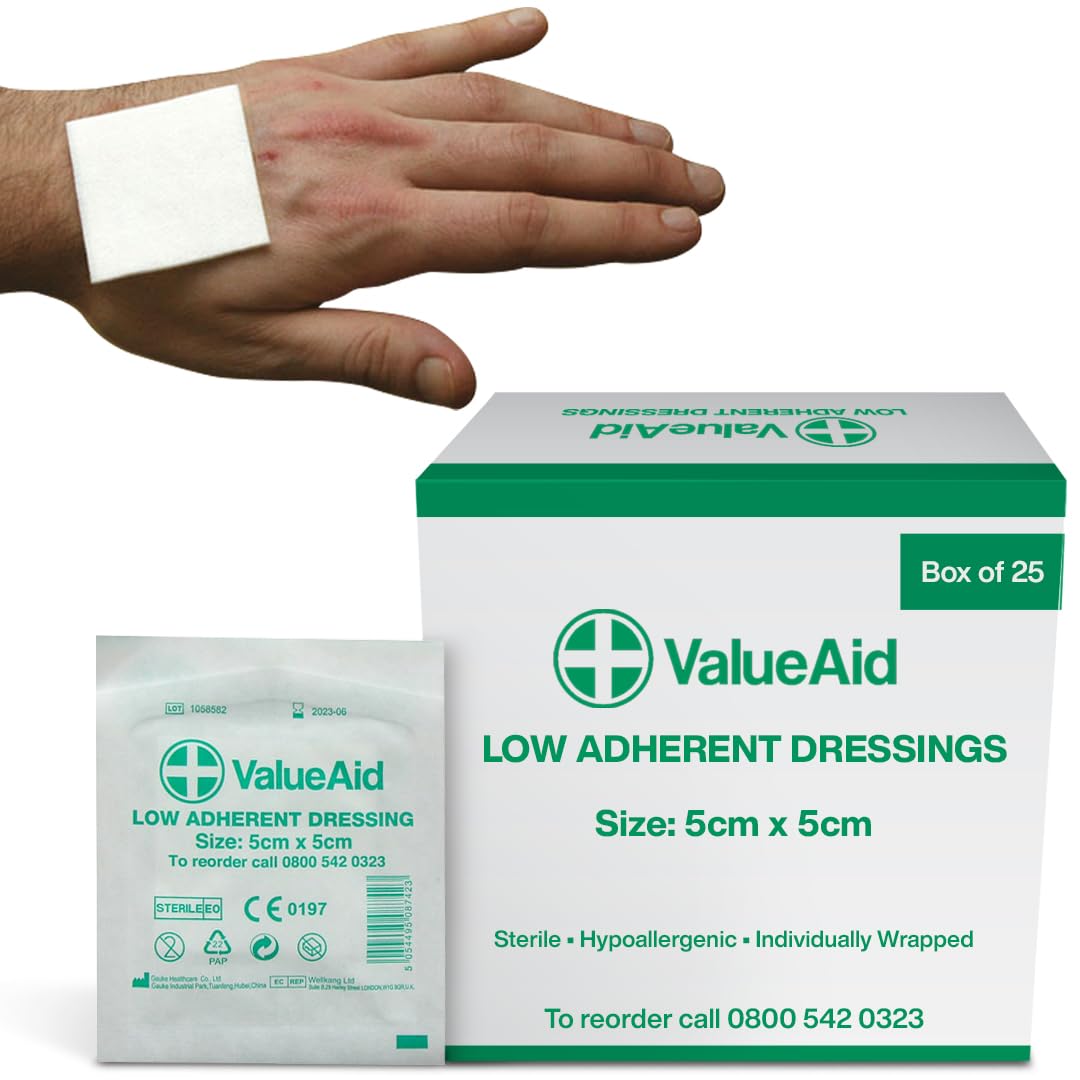 Value Aid Low Adherent Dressing Pads - 5cm x 5cm Hypoallergenic Sterile Wound Care, Non-Stick Surface for Gentle Removal - Individually Wrapped Medical Dressings for Cuts & Grazes (25 Pack)