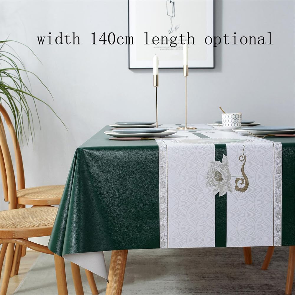 1PC Lotus Style PVC impermeabile antiolio resistente alla trazione non lavabile tovaglietta multi formato tovaglia stampata, verde scuro e bianco, 140,240 cm
