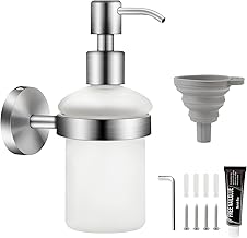 EXLECO Soap Dispenser Wall Mounted Glass Shampoo Dispenser Self-Adhesive & Drilling 200 ml Satin Glass Bottle Hand Disinfectant Box No Drilling Shower Gel Soap Dish with Stainless Steel Holder and