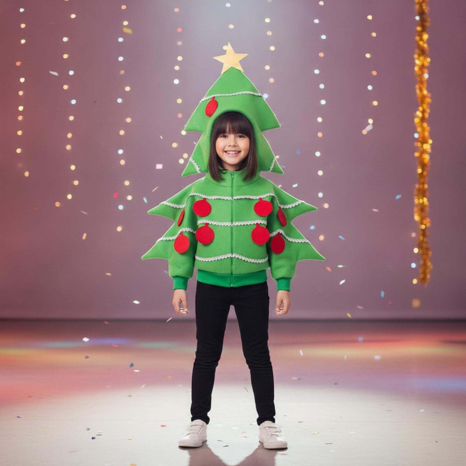 Costume Albero di Natale con Cappuccio Costume Natalizio con Applicazioni a Palline Dorato per Foto Festive