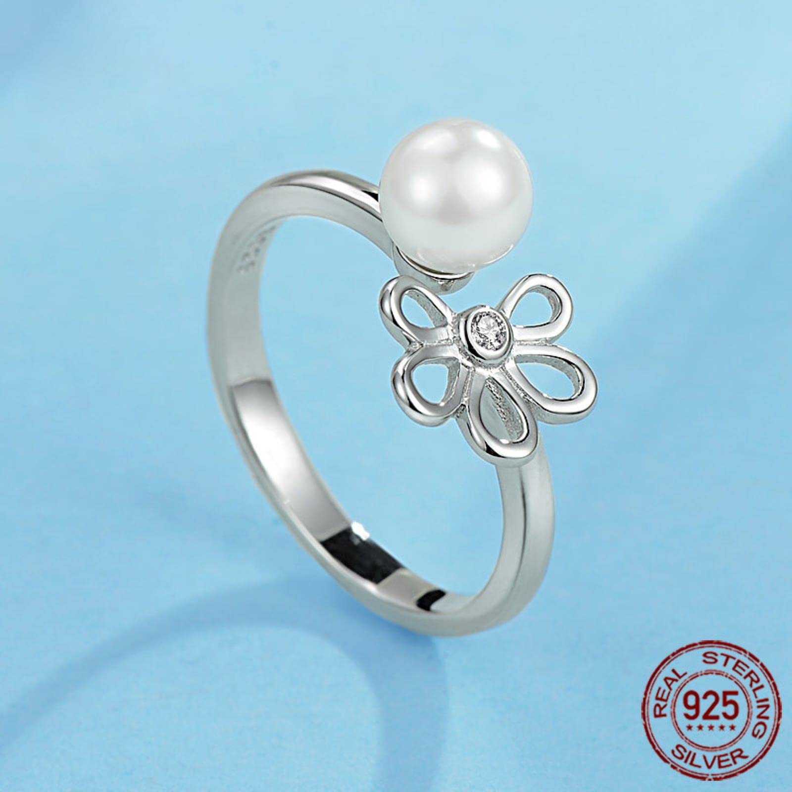 Flor Grandes Anillos De Perlas Simuladas para Mujeres 925 Plata Esterlina Boda Cz Ajustable Ringlet Joyería