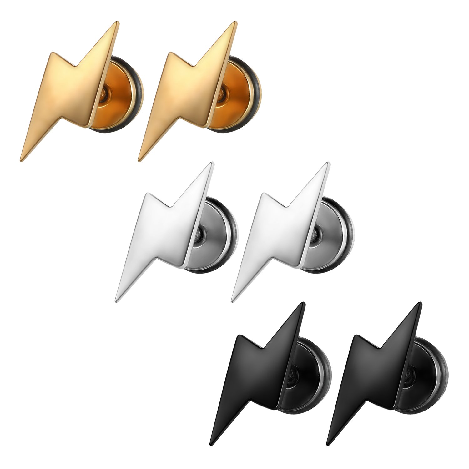 JewelryWe3 Pairs of Lightning Bolt Stud Earrings Stainless Steel Ear Studs,Screw Back For Men and Women(Silver/Gold/Black)
