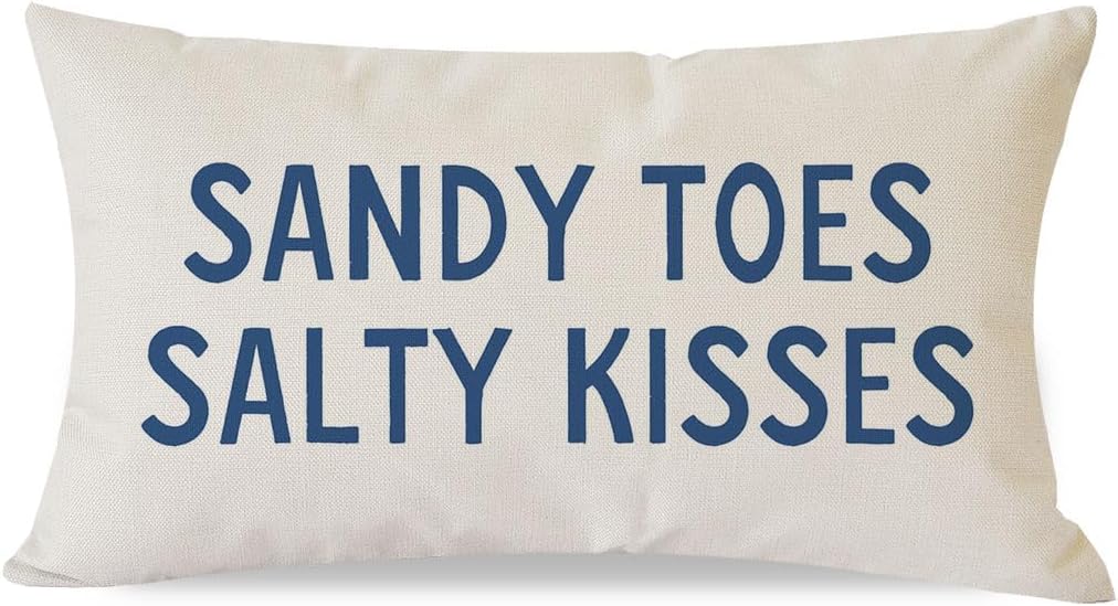 PANDICORN Summer Beach Throw Pillow Covers 12x20 Inch Blue Words Sandy Toes and Salty Kisses Coastal Outdoor Decorations Lumbar Decorative Throw Pillows Cases for Home Living Room Couch Sofa Decor
