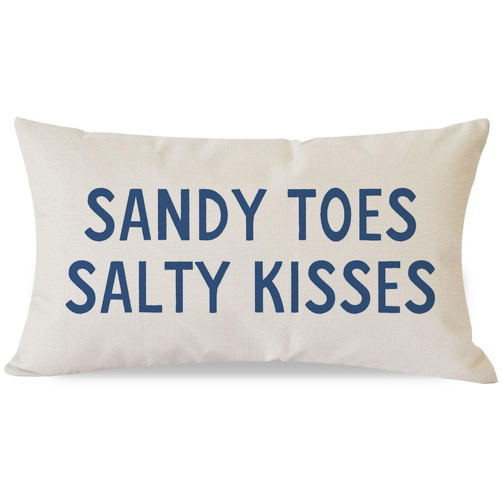 PANDICORN Summer Beach Throw Pillow Covers 12x20 Inch Blue Words Sandy Toes and Salty Kisses Coastal Outdoor Decorations Lumbar Decorative Throw Pillows Cases for Home Living Room Couch Sofa Decor