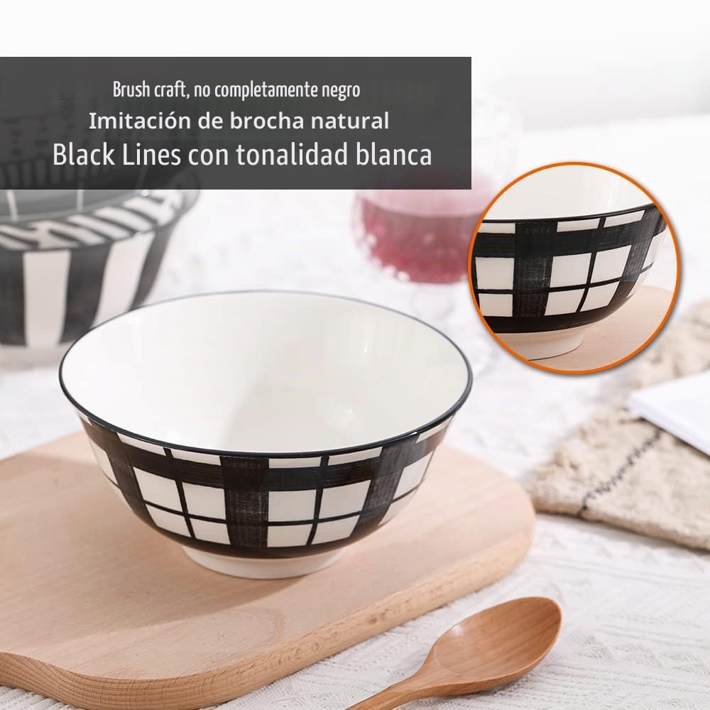 Cuencos Desayuno Bol Sopa Ceramica - Juego de Tazones de Cereales Ensalada de 700 ml en Porcelana - 6 Boles de Japones en Negro y Blanco - Set Cuenco Ramen para Arroz | Consome | Gazpacho - 15,7 cm