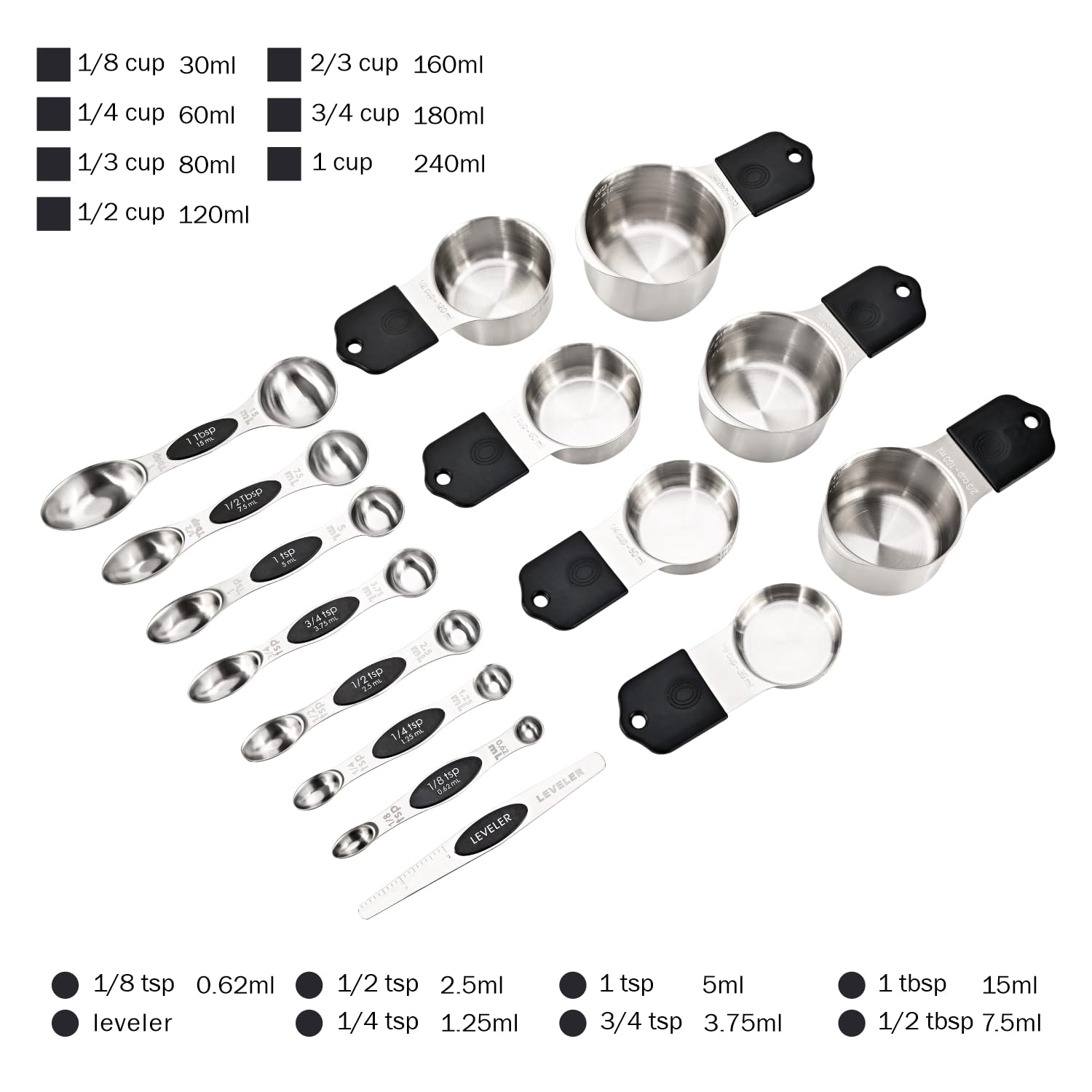 EDELIN Juego de tazas y cucharas medidoras magnéticas, acero inoxidable, 7 tazas y 6 cucharas con 1 nivelador, acero inoxidable 18/8 304 (negro, 14 juegos)