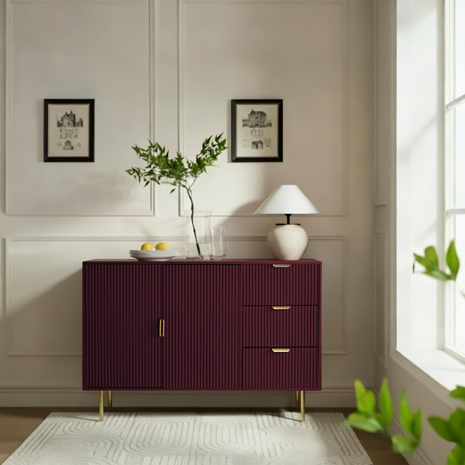 OHS Sideboards for Living Room Hallway Kitchen, Decorative Ribbed Wooden Buffet Table Sideboard Storage Cabinet with 2 Doors and 3 Drawers Sideboard, Dark Berry - 120 x 40 x 77cm