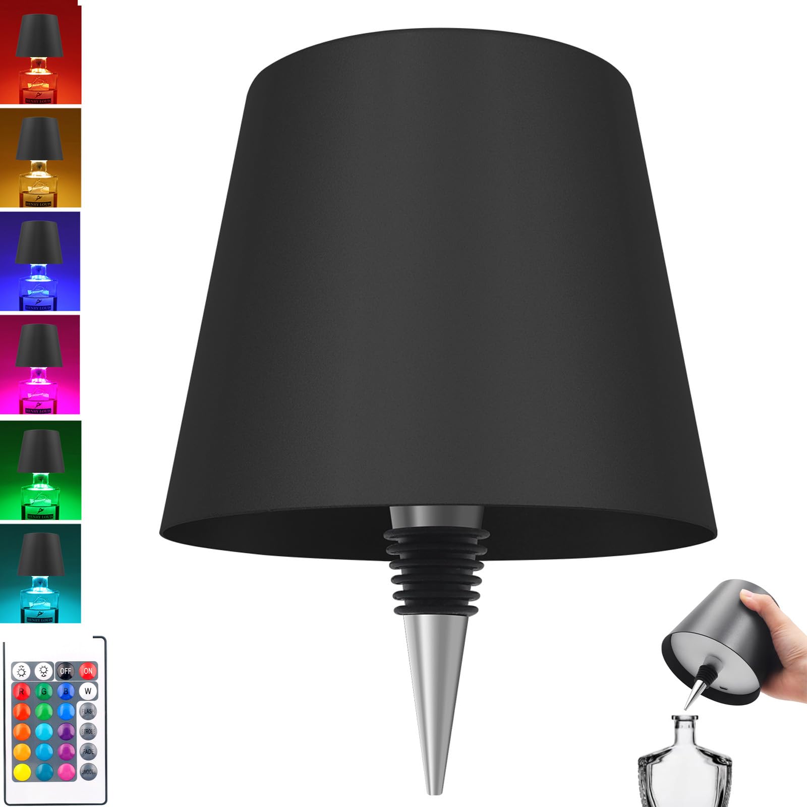 Kabellose Flaschenlampe mit Fernbedienung, wiederaufladbare RGB-Weinflasche mit 3 Modi, Lichtdimmung, wasserdichter Touch-Lampenkopf für Zimmer, Bar, Restaurant und Party-Dekorationen (schwarzes RGB)