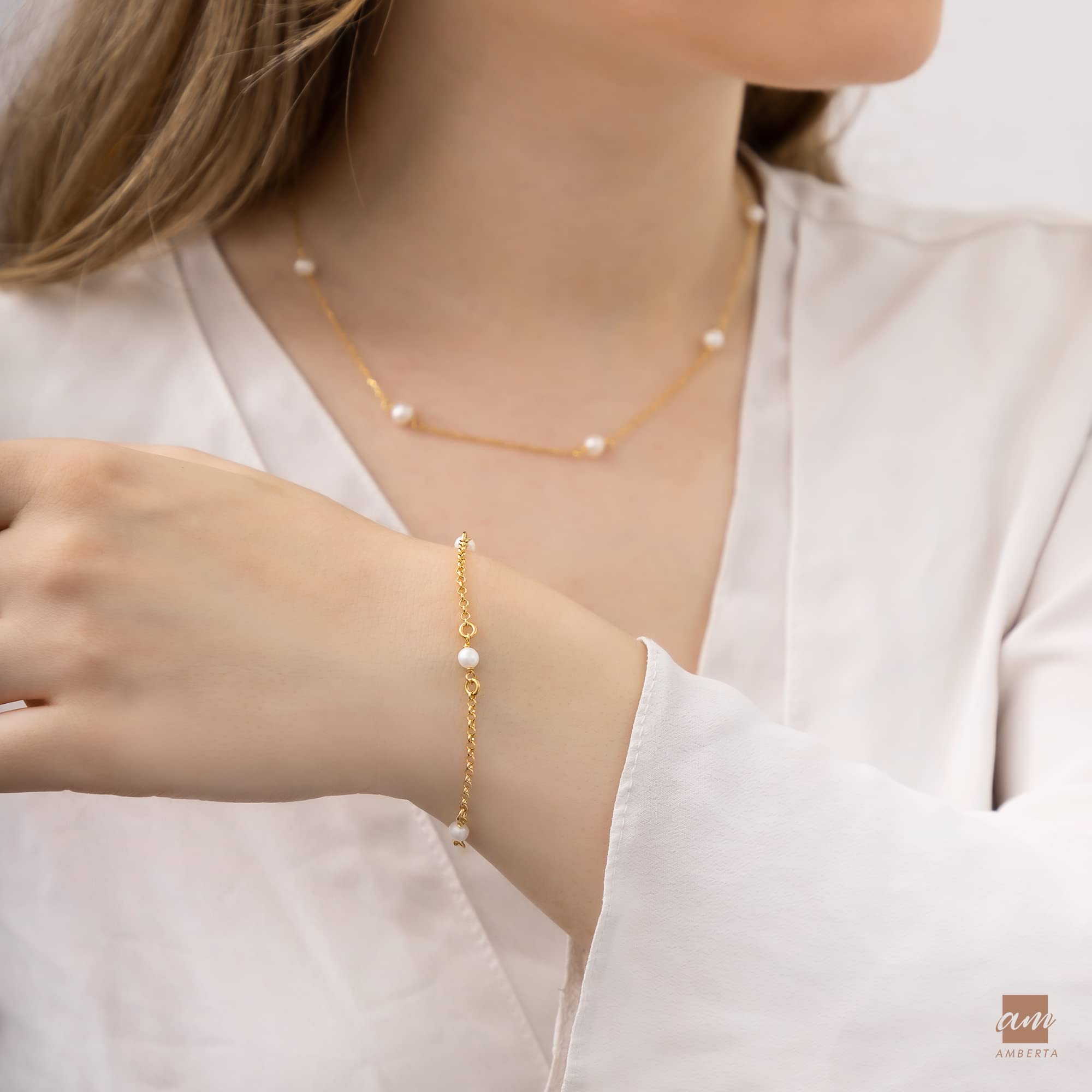 Amberta Frauen 925 Sterling Silber Süßwasser Perlen Armband