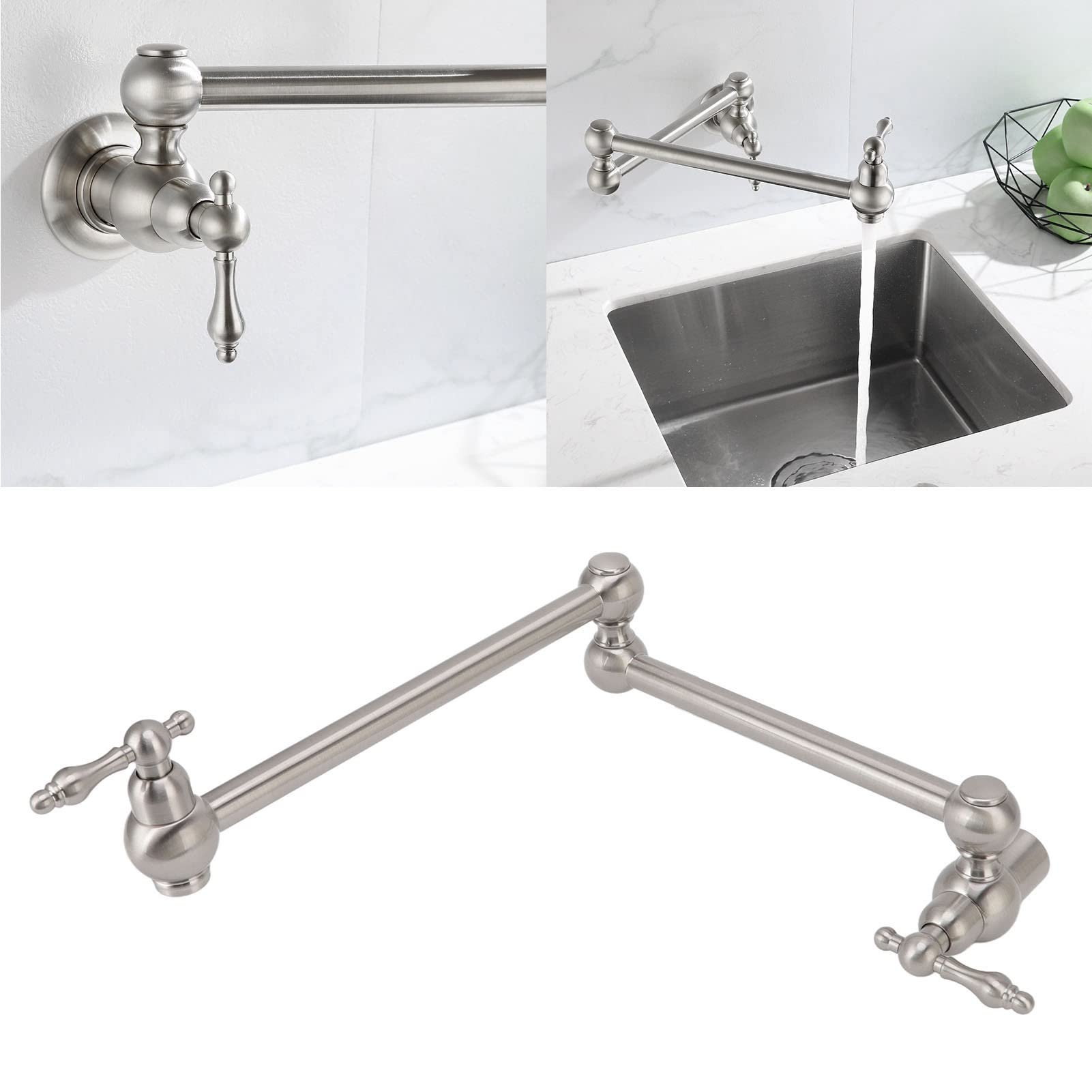 Rubinetto per riempimento pentole, rubinetto da cucina a parete in rame estensibile G1/2 Rubinetto pieghevole per riempimento pentole a due manici a foro singolo(Argento spazzolato)