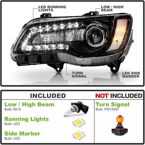 Miniatura 2 de ACANII - Para tipo halógeno 2015 2016 2017 Chrysler 300 negro LED DRL proyector faro delantero conjunto izquierda  derecha