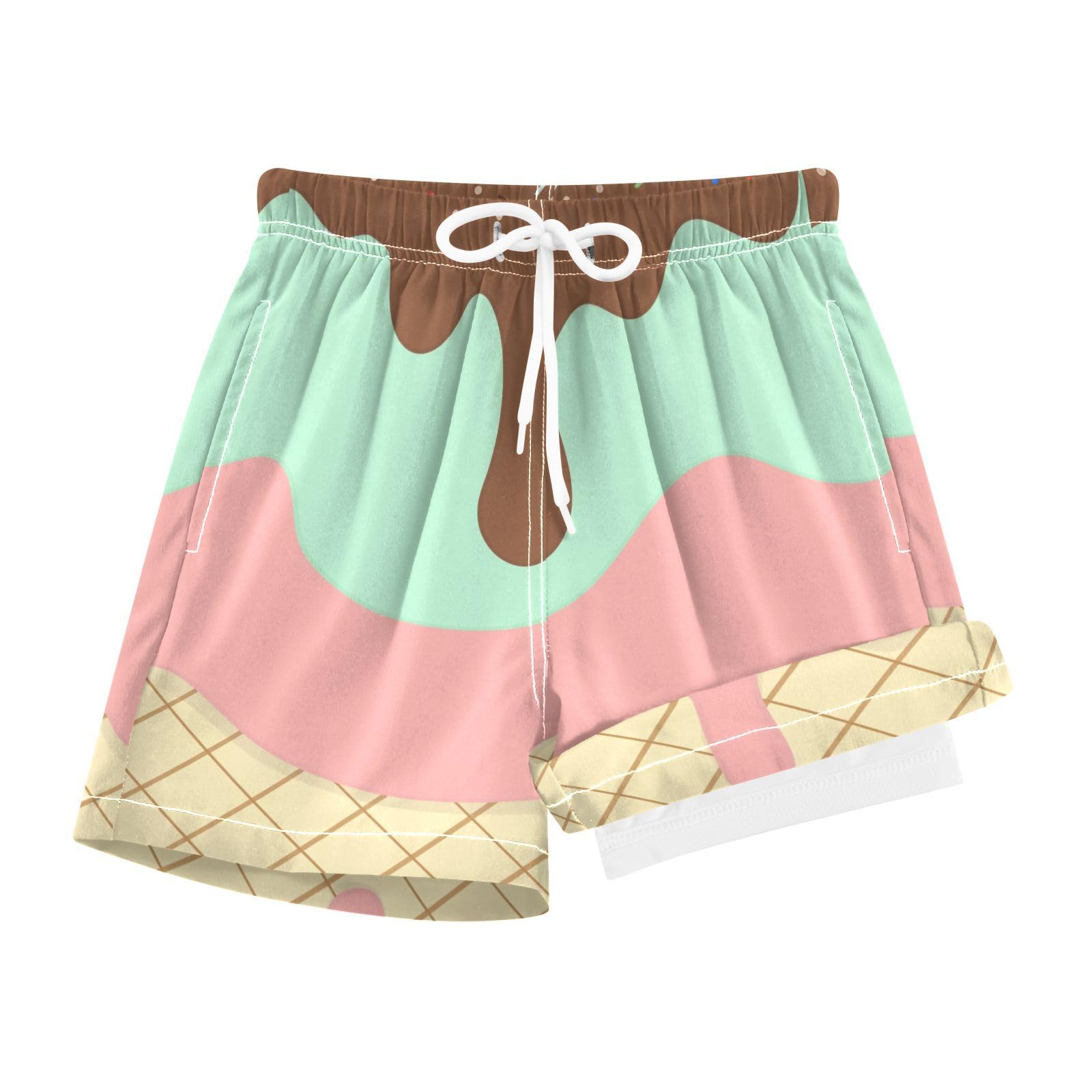 JHKKU Boys Ice Cream Cone Texture Swim Trunks with Compression Liner Quick Dry Swim Shorts Bathing Suit with Boxer Brief Swimwear 9-11 Years