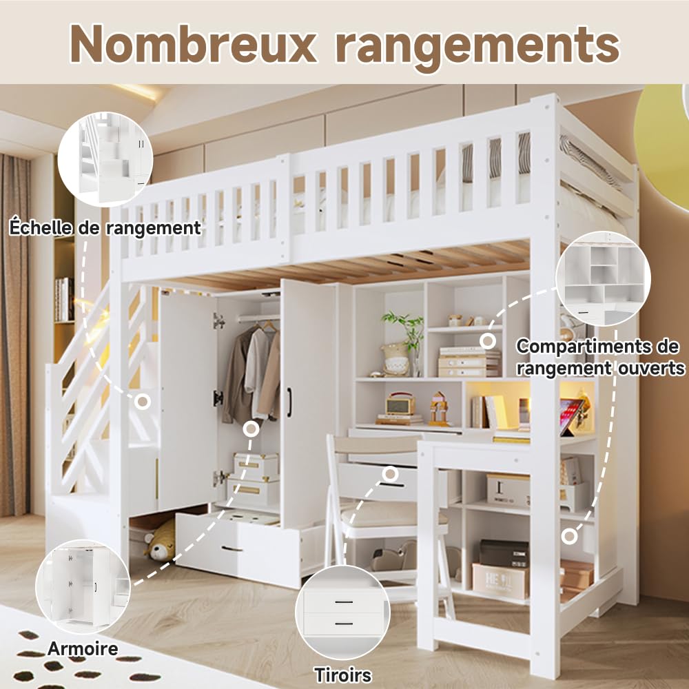 Letto a castello 90x200cm con scrivania e armadio,letto a soppalco per bambini con cassetti e vano portaoggetti,letto castello con Scaletta, struttura letti ragazzi 90x200,Pine,Senza materasso,Bianco