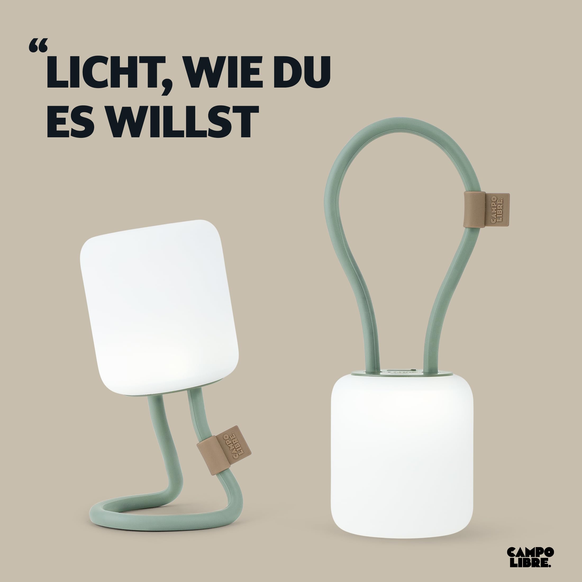 Campo Libre.® LENI I Campinglampe I flexible Outdoorlampe zum Aufhängen, Hinstellen und Montieren I dimmbare Campingleuchte I wiederaufladbar I Balkonlampe, Campinglicht, Tischlampe, Rechteckig Moos