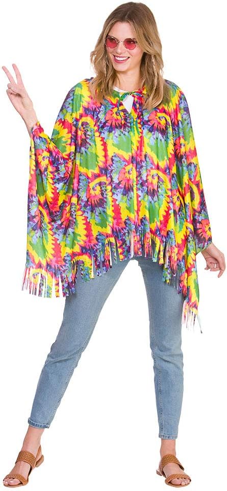 Wicked Costumes Adult Unisex Tie Dye Hippie Poncho Fancy Dress – 60s 70s Festival Retro Party Outfit - (One Size)