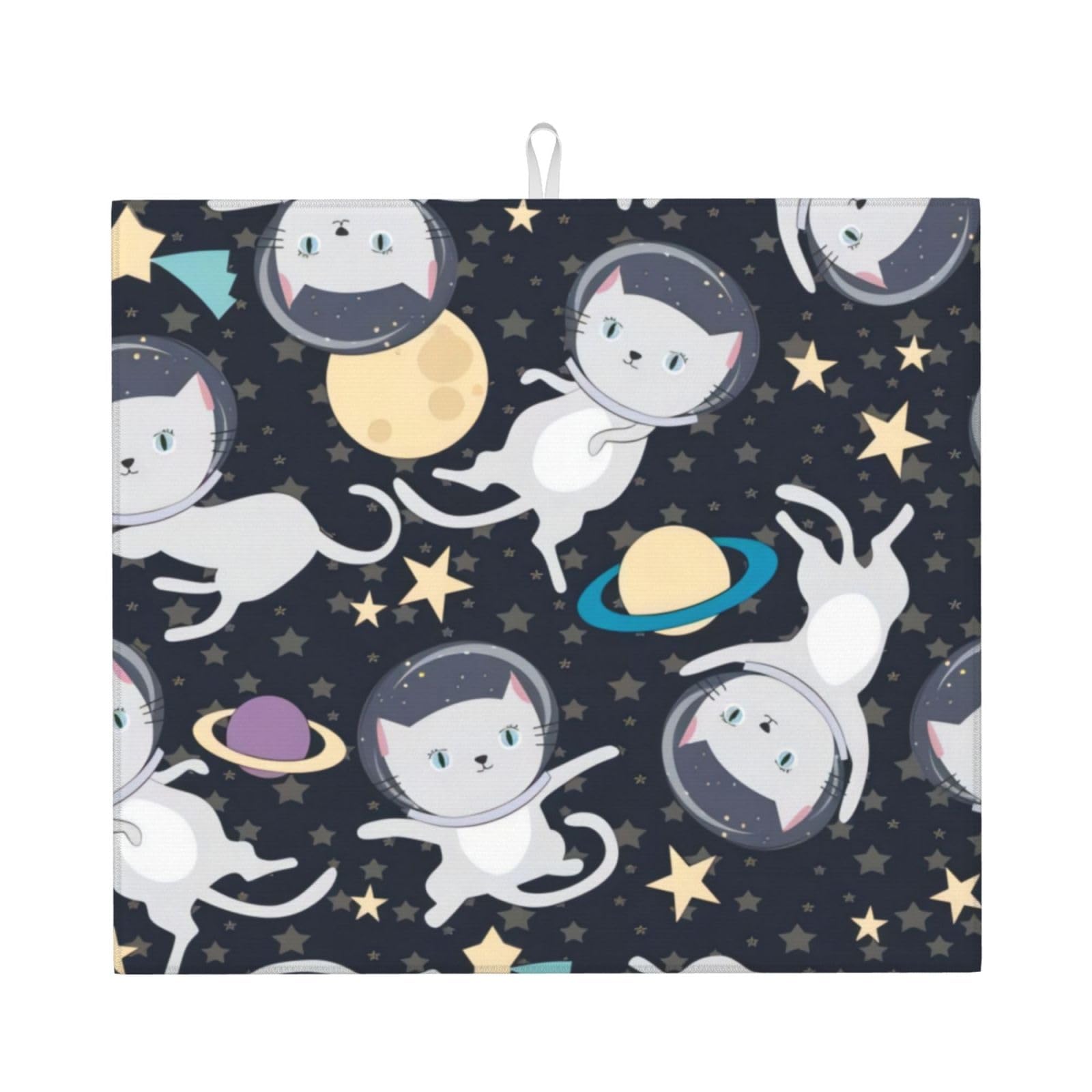 YYHWHJDE Fun Cat Astronaut Prints Kitchen Drying Mat – Absorbent Microfiber Throw for Dishes, Non-Slip Counter Cover, Quick-Dry Layer with Durable Construction
