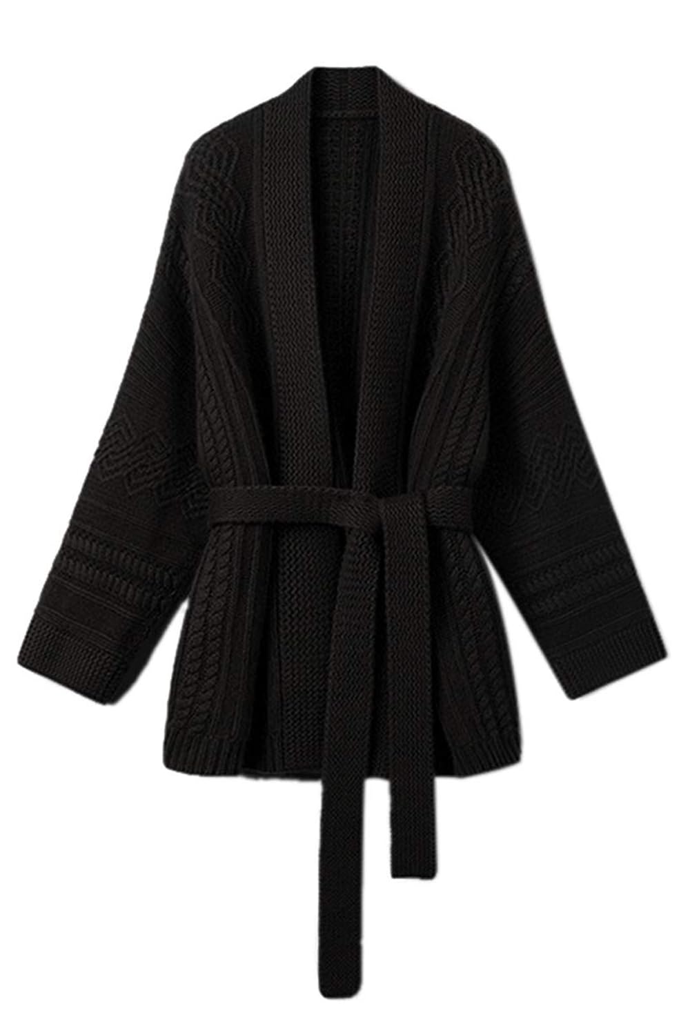 Mid-Length Wool Blend Open Cardigan Long Sleeve Cable Knitted Sweater for Women