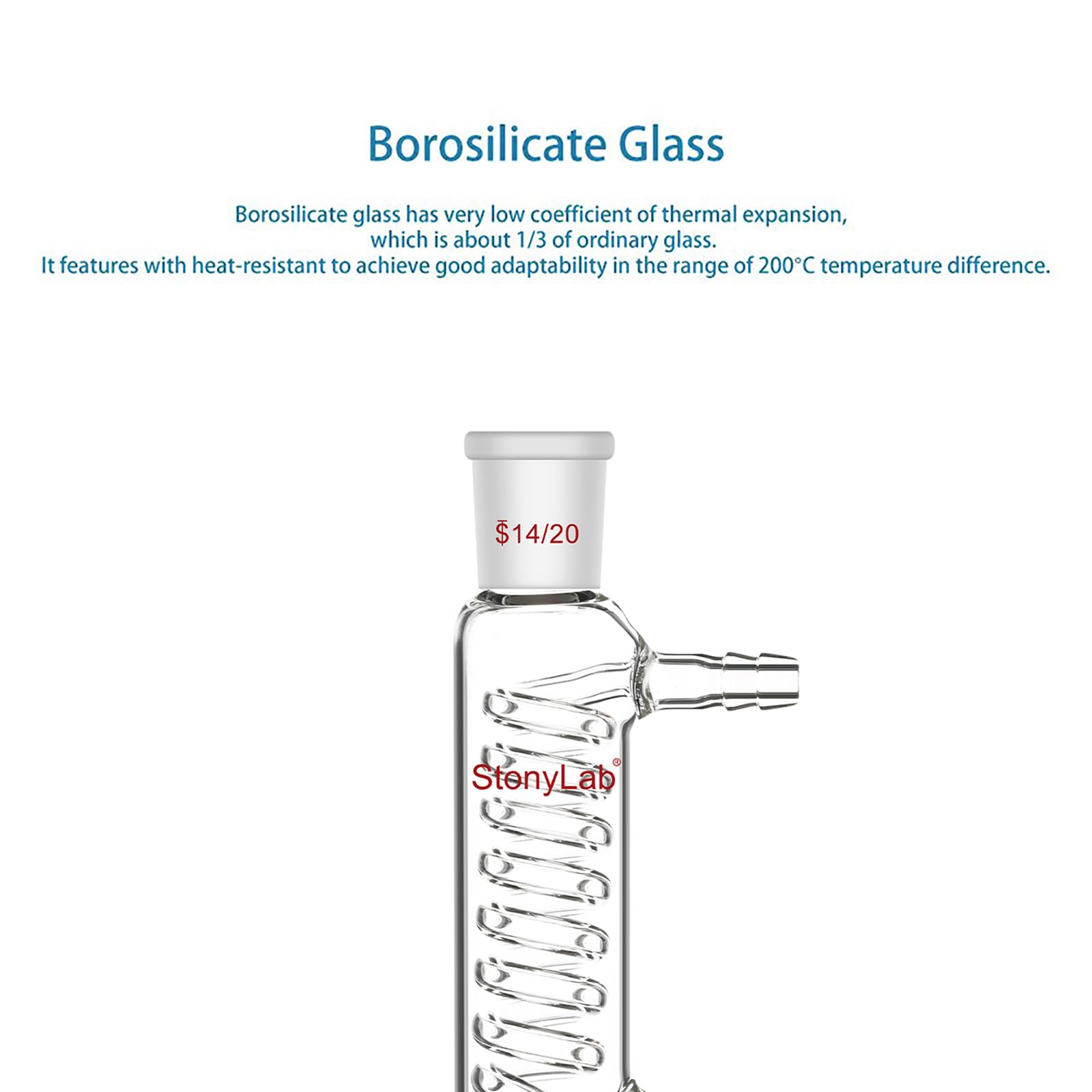stonylab Condensador Graham, Camino de Enfriamiento Pequeño de 100 mm, Conexión 14/20, Vidrio de Laboratorio para Procesos de Condensación y Reflujo de Microscala Precisa