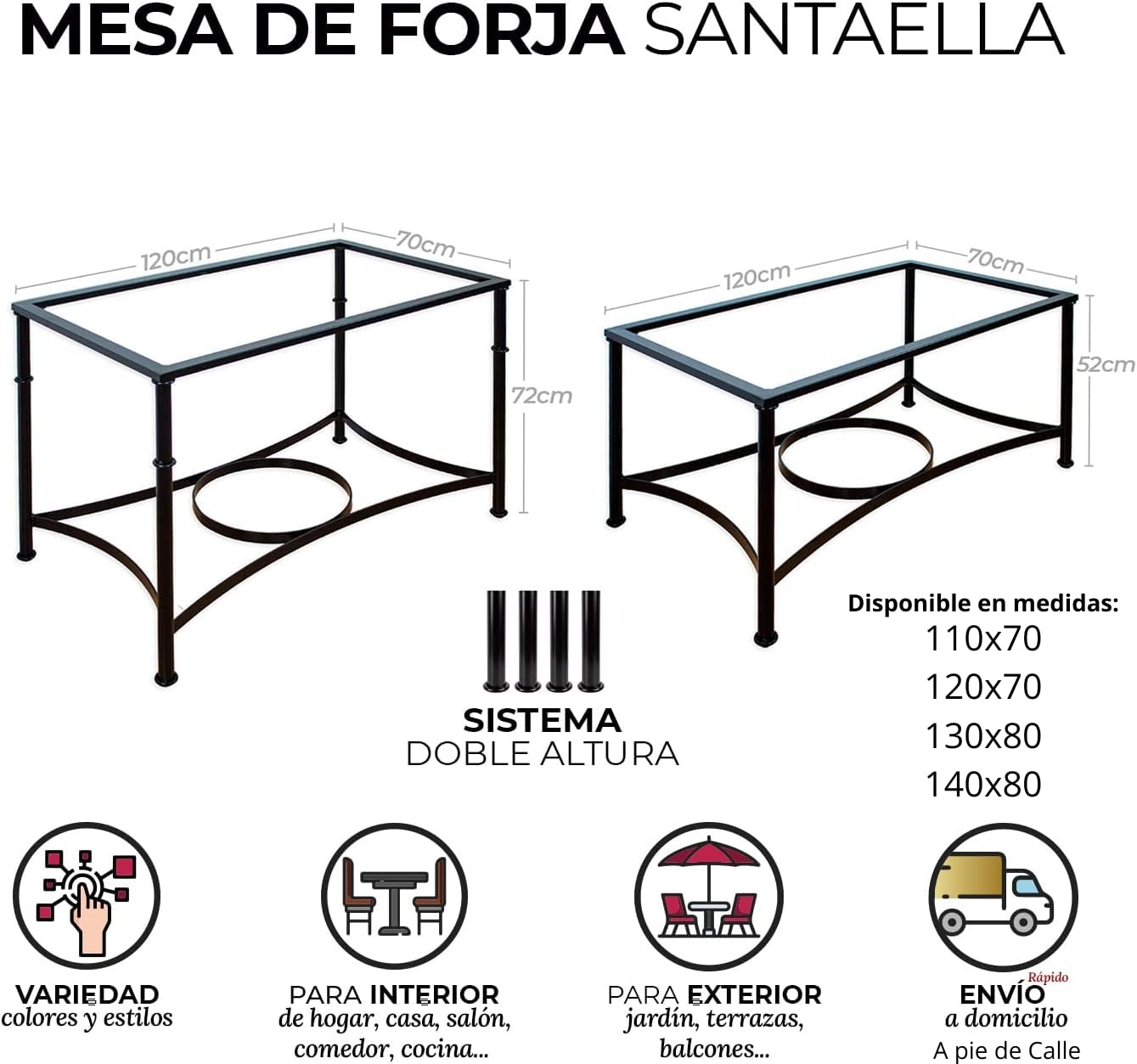 El Herrero Mesa de Forja para Salon, Comedor, Cocina, Mesa de Centro, Jardin | Varias Medidas | Regulable a Doble Altura. Ideal para Ropa Camilla