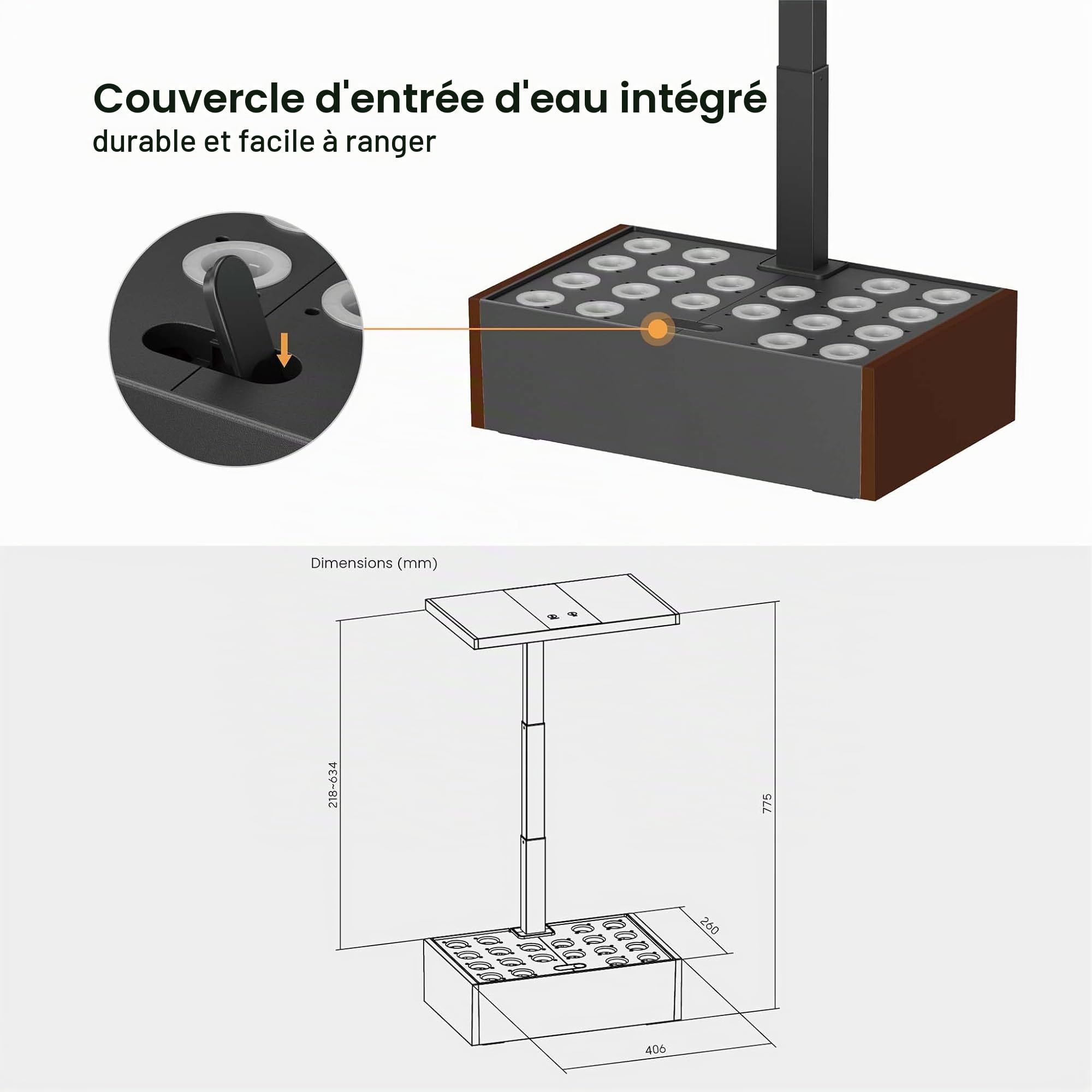 WilTec Kit Serre pour Culture hydroponique – 40 x 26 x 36 cm – Jardinière Potager intérieur – Hauteur Ajustable – LED, réservoir 9,8 L, Capsules – Jardin de Cuisine de Couleur Brune
