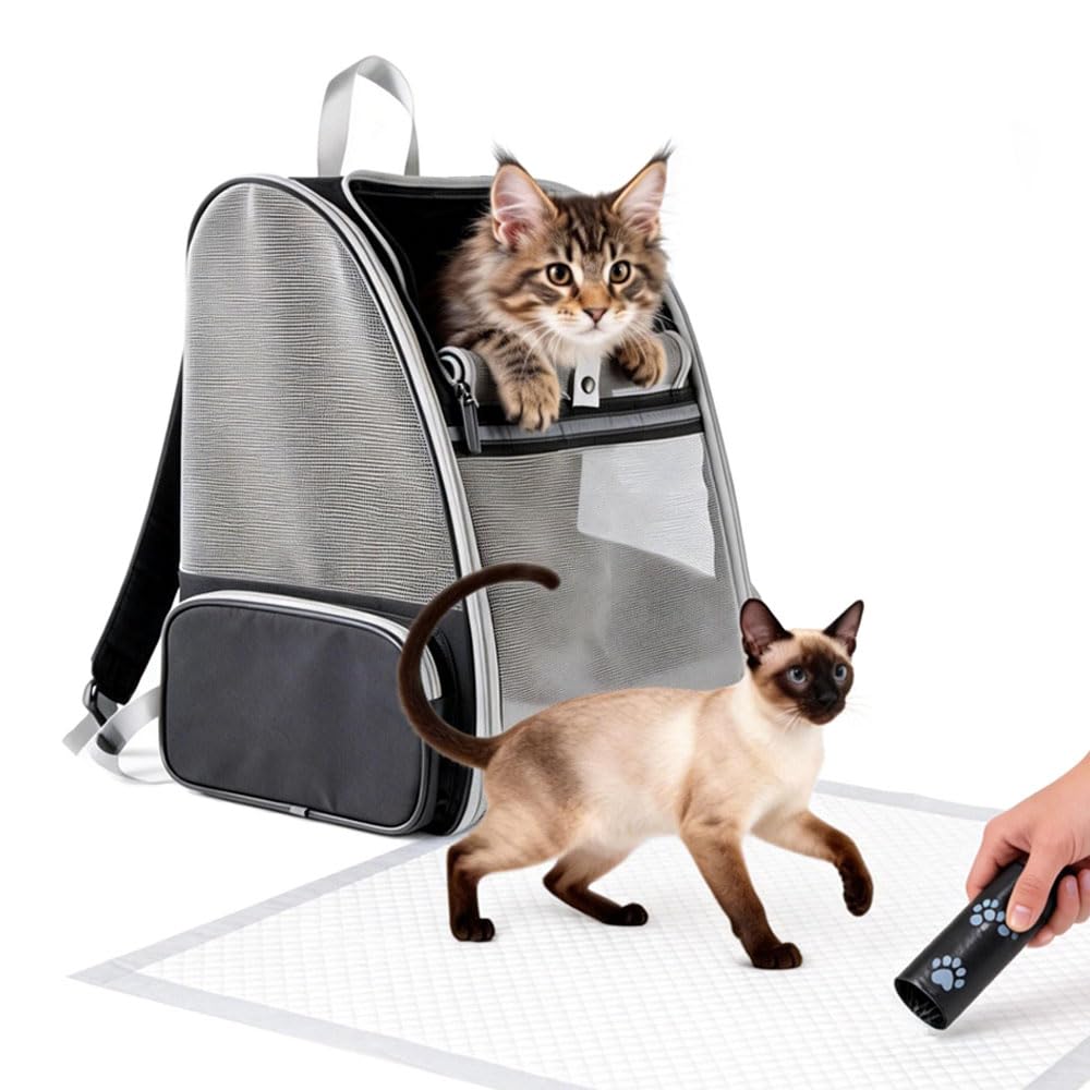Sac à dos respirant à 360° pour chats et chiens – Pliable, approuvé par les compagnies aériennes avec 1 sac à déjections canines + 5 tapis hygiéniques anti-fuite, idéal pour les animaux de compagnie