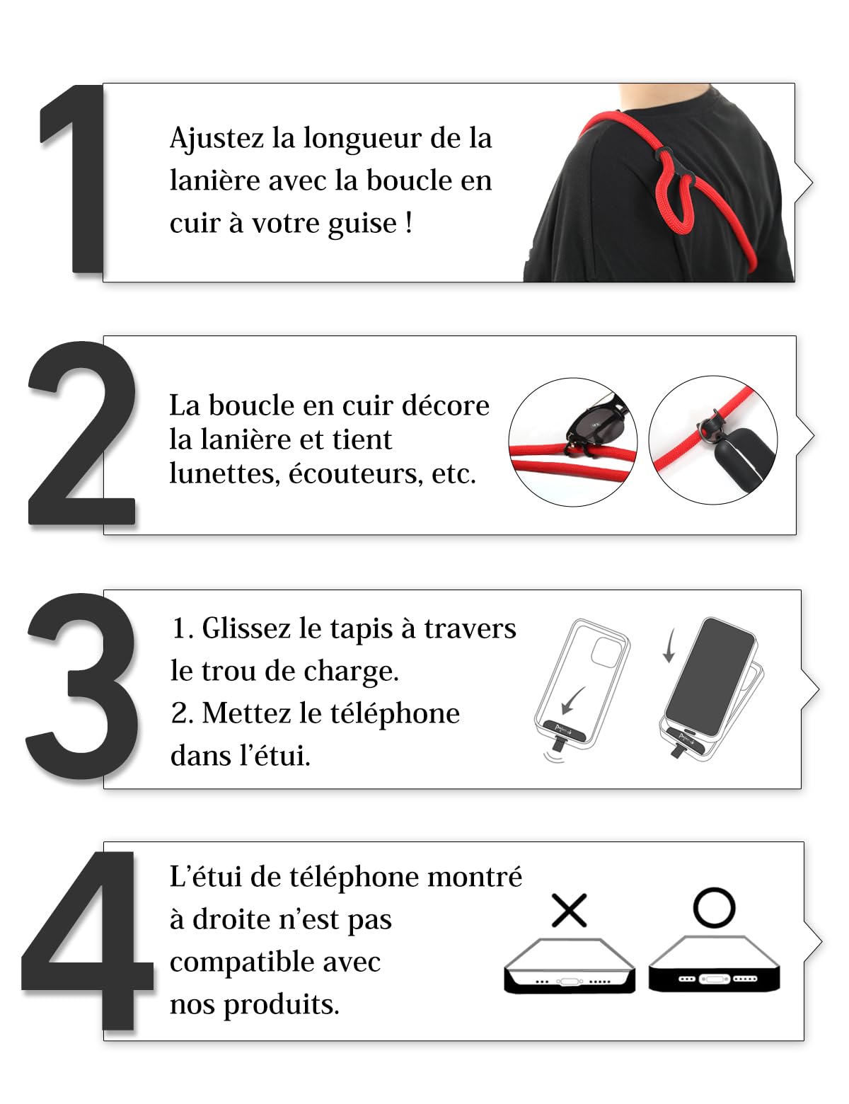 2x Patch Cordon Téléphone + Lanière Adjustable 120cm | Universel Smartphones 4-6.7