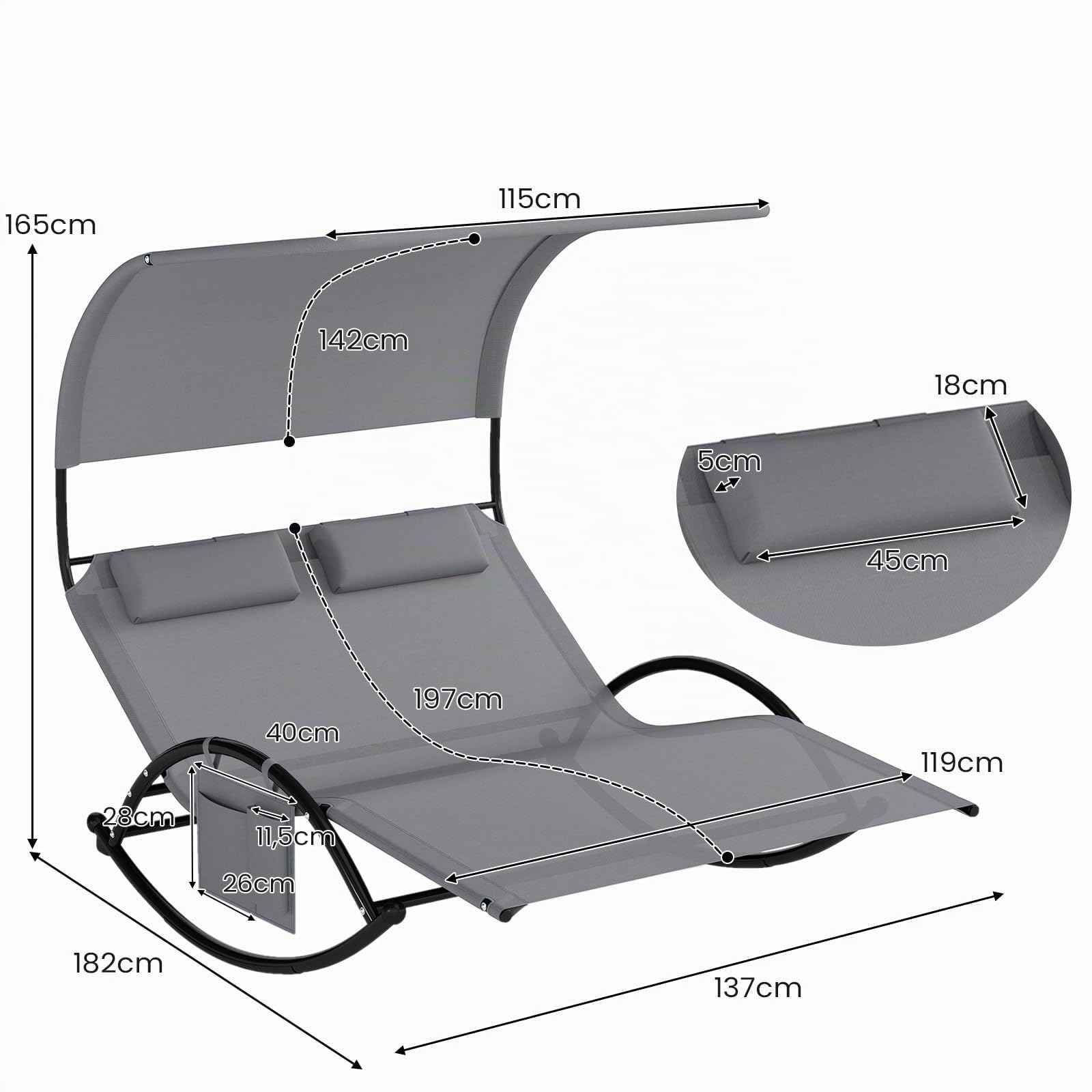 KOMFOTTEU Tumbona Doble de Jardín para 2 Personas, Tumbona Mecedora con Toldo y 2 Reposacabezas, Hamaca Basculante de Textilene, Chaise Lounge para Terraza, Piscina, Baño de Sol (Gris)