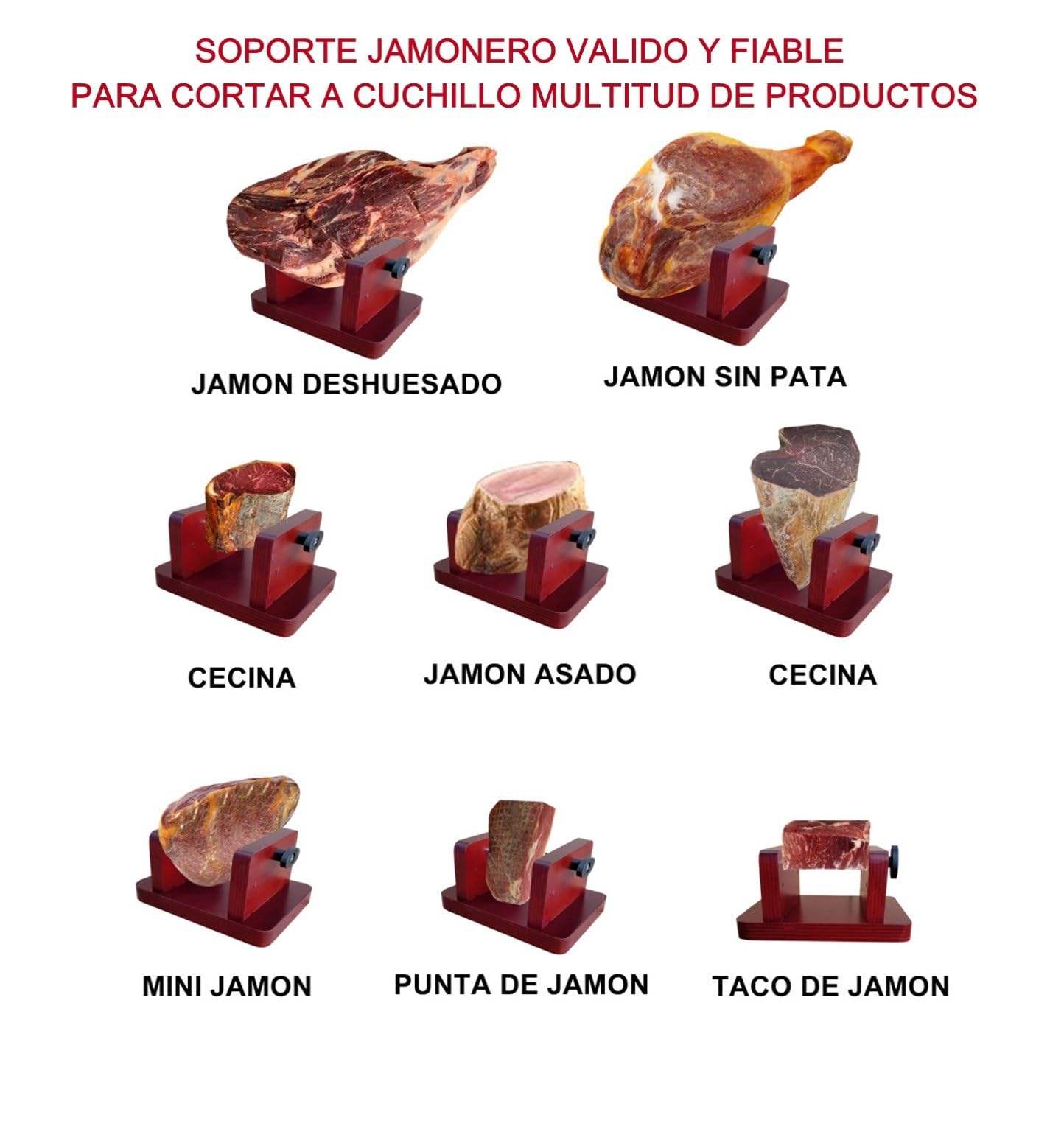 Soporte Jamonero con Cuchillo y Chaira | Kit para Cortar Mini Jamones, Tacos de Jamón y Jamón Asado y Deshuesados | Prensa de Fijación con Base Antideslizante | Maxima Estabilidad.