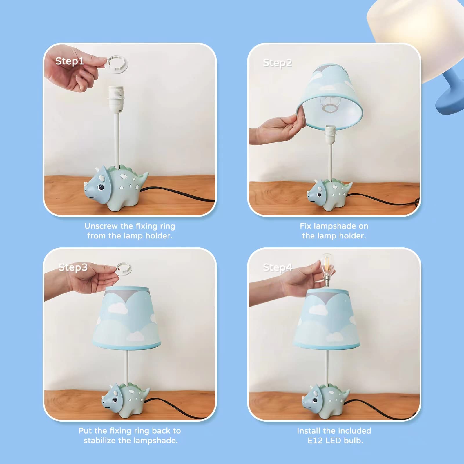 HERBESTBAY Kids Table Lamp, Triceratops Lamp Design Bedside Table Lamp, 13 Inch Tall Dinosaur Lamp with Barrel Lampshade for Kids Bedroom Decor, Come with an LED Bulb (Blue Dinosaur)