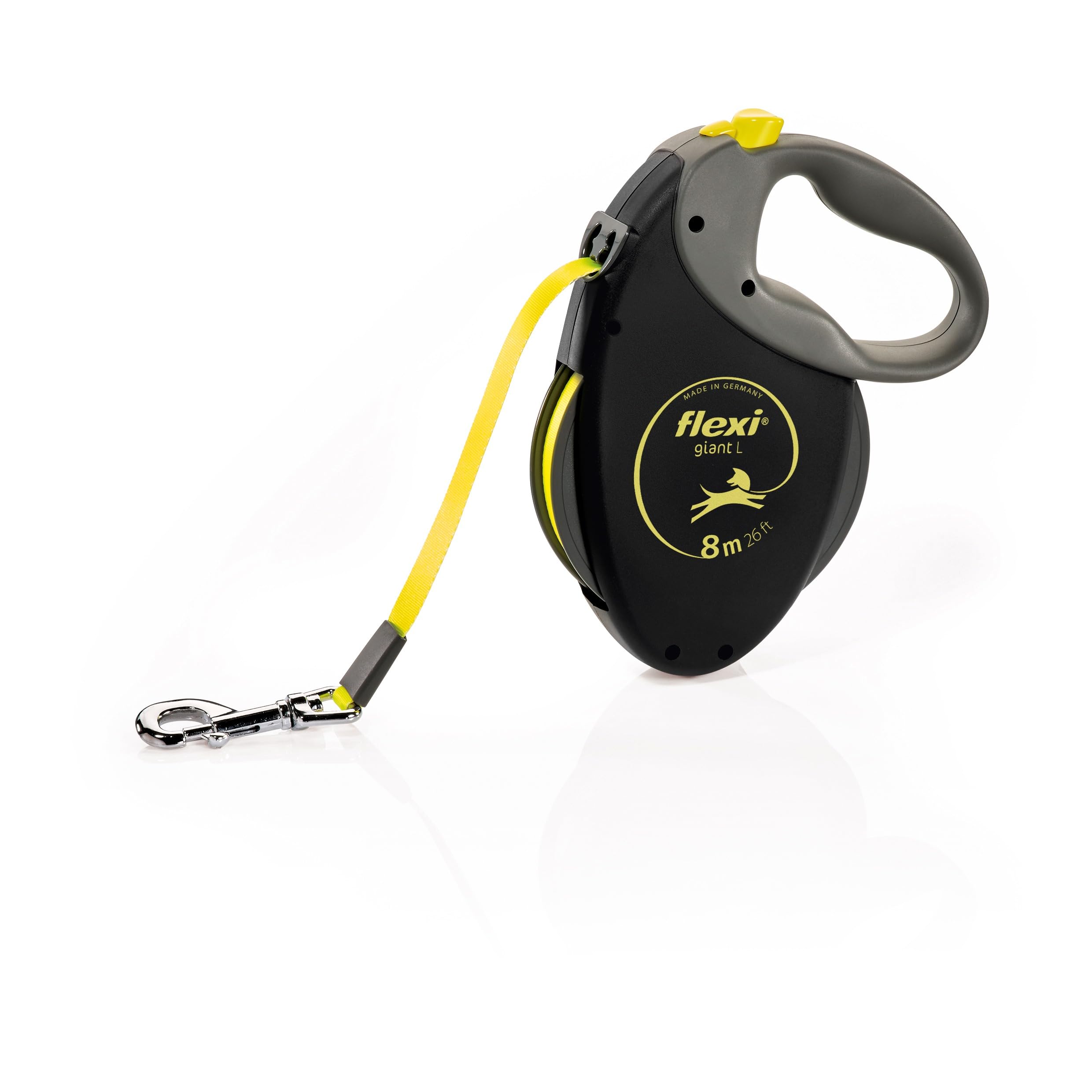 flexi Giant L | 8 m Retractable Tape Leash for Dogs up to 50 kg | Black/Neon Yellow | Retractable Dog Lead | Weight: 630 g | Dimensions: 15.2 x 20.8 cm