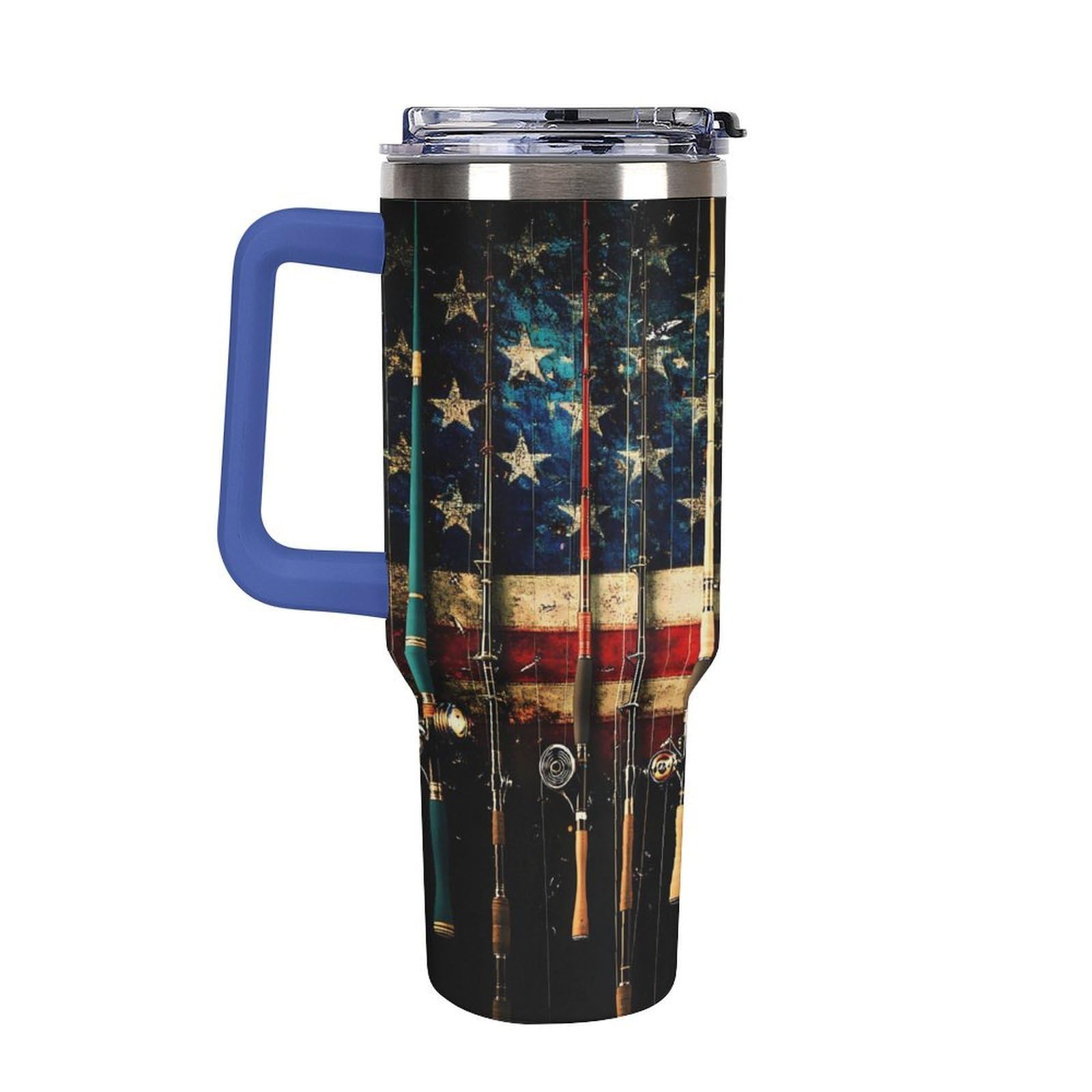 Becher mit Griff und Angelrute mit USA-Flagge, 1,2 l, Reise-Kaffeebecher, großes Fassungsvermögen, Autobecher, Wasserflasche