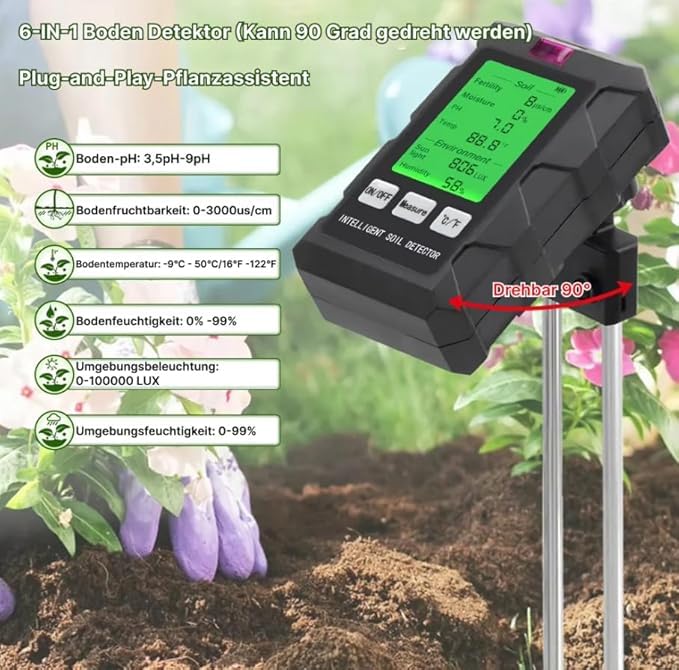rotobest Boden feuchtigkeitsmesser Original 6-in-1 Bodenmessgerät – Digitaler pH Bodentester für Feuchtigkeit, Temperatur, Licht und Fruchtbarkeit