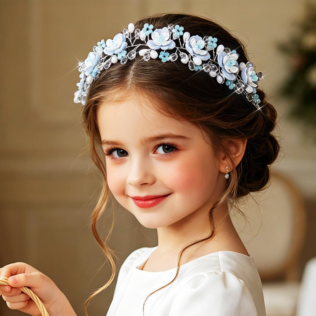 Campsis Haarschmuck mit blauen Blumen für Mädchen, glitzerndes