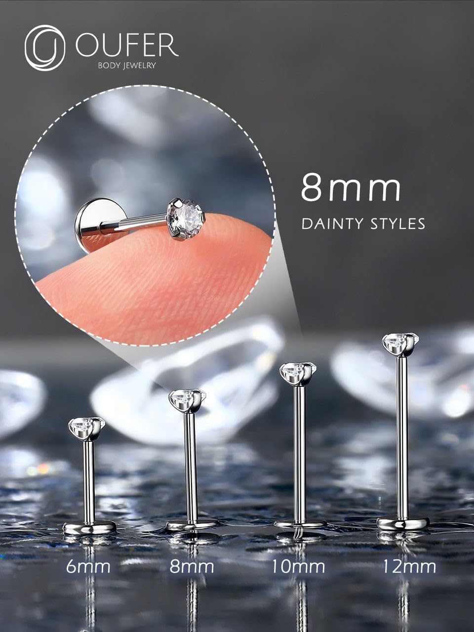 OUFER 2PCS Nose Piercings, G23 Solid Titanium Threadless Nose Rings 20G, Clear Tiny CZ Nose Stud Flat Back Nose Nostril Piercing Jewelry for Women Men