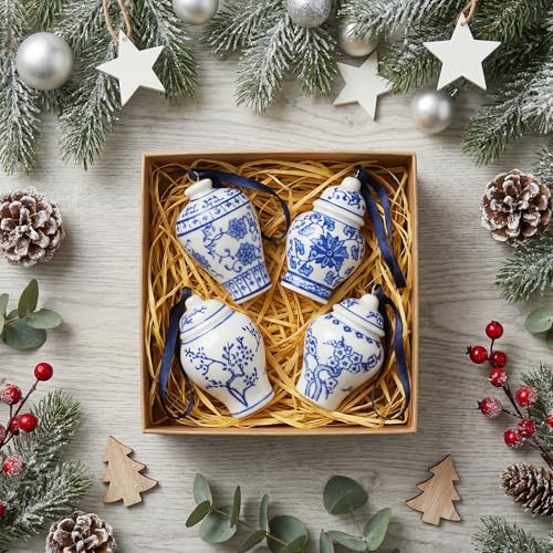 Image of Goaste 4 Pack Mini Ginger Jar Ornaments, Christmas Hanging Pendant, Chinoiserie Ceramic Hanging Ornaments, Blue and White Porcelain Christmas's Tree Decor for Christmas, Home Decoration
