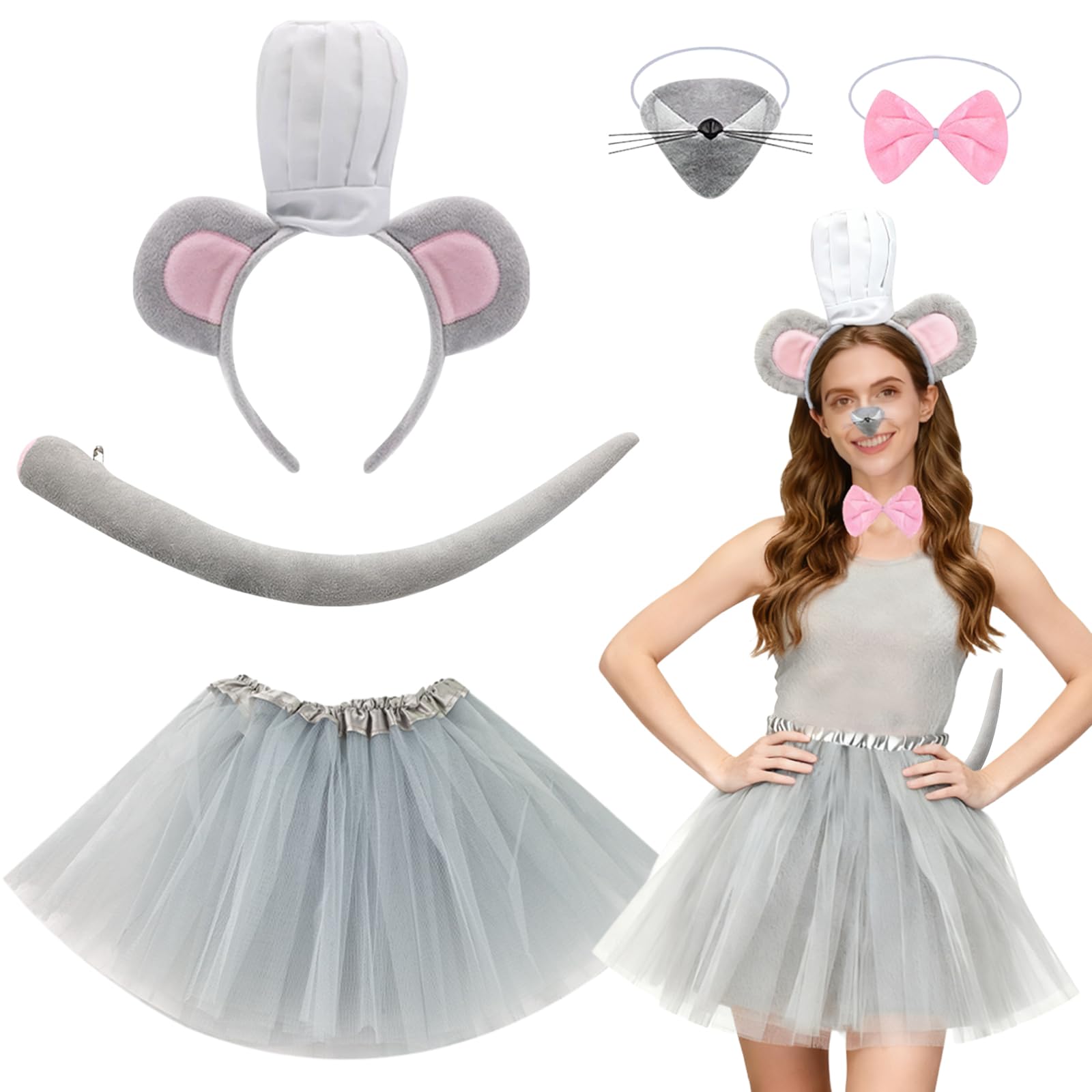 EDLMKM 5 Pcs Rat Theme Makeup Costume Animal Mouse Costume Accessory Set, Grey Animal Nose Ears Headband Bow Tie Tail Tutu Skirt for Christmas Carnival World Book Day Cosplay Dress Party Supplies