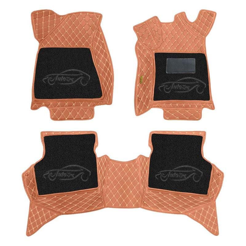 Image of Superior 7D Car Floor Mat Full Set for Mahindra Alturas G4, 7 Layer Protection Mats, Leather with Curly Car Foot Mat with Heal Pad, Anti-Skid & Waterproof Tan Beige with Black Curly