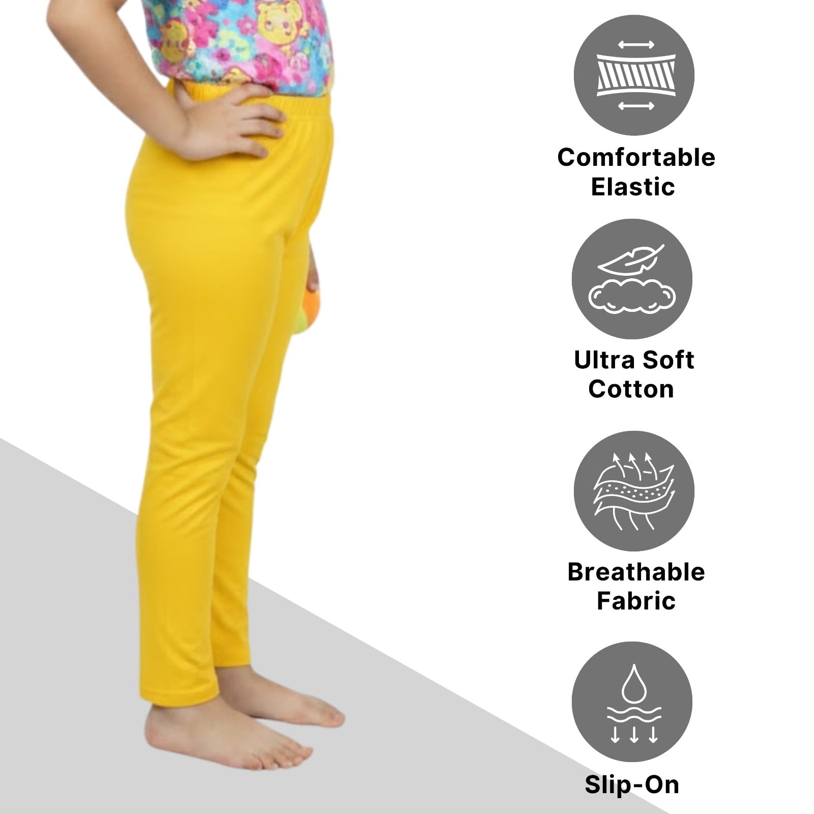 comfycute Cotton Leggings for Girls | Soft Stretchable Plain Ankle Length Bottoms for Kids | Non-Transparent Fabric | Comfortable Regular Fit Daily Leggings for All Day Use | 10-11 Yr Yellow - Image 4 thumbnail