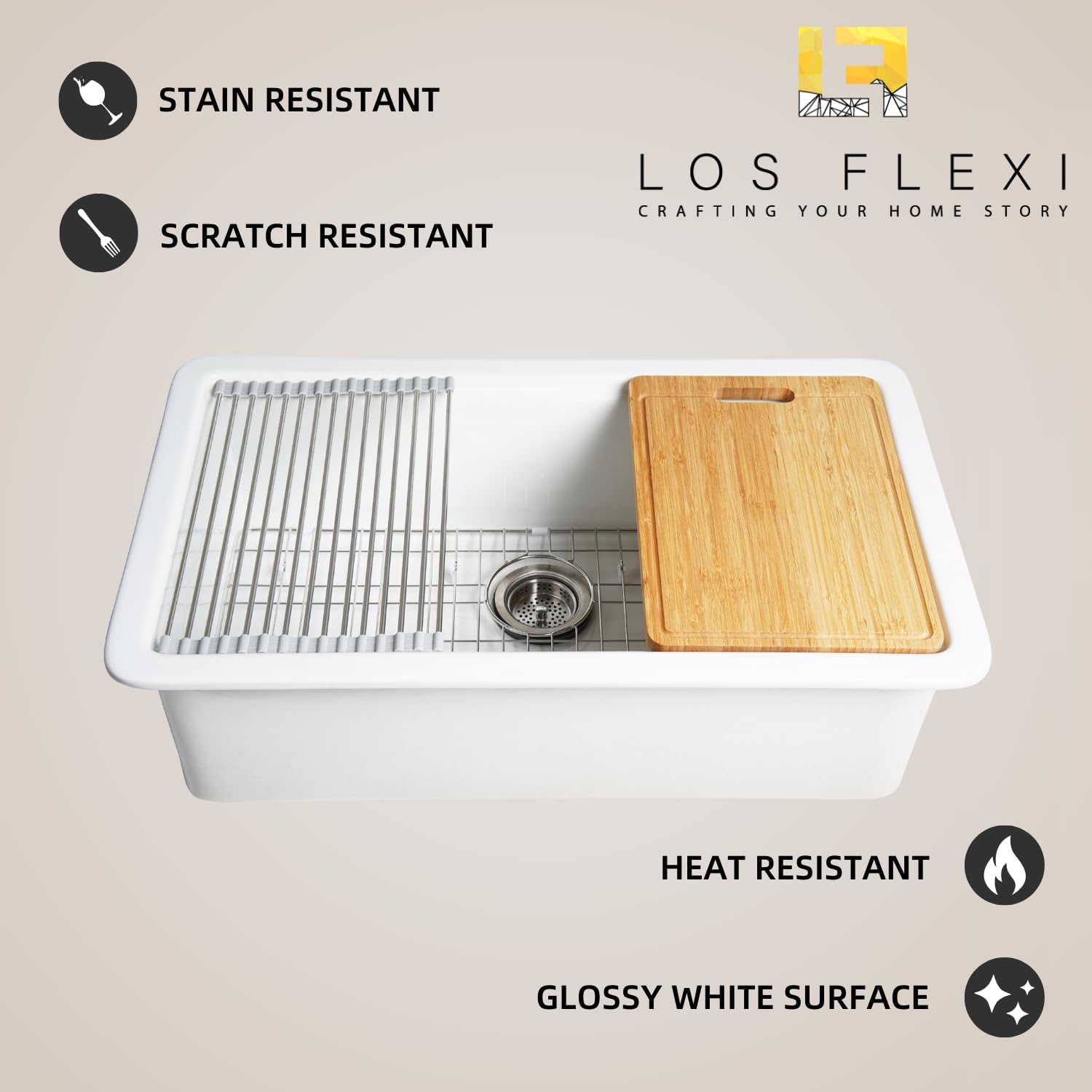 White Undermount Kitchen Sink 33 Inch, Los Flexi 33"L X 19"W Fireclay White Kitchen Workstation Sink, Drying Rack & Cutting Board Accessories Included, Dual Mount Installation