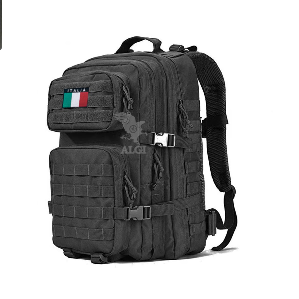 ALGI Zaino Militare Tattico Medium con sistema MOLLE 50 Litri con patch Bandiera Italia 3D (NERO)