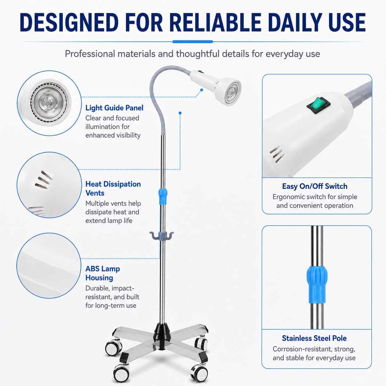 Mobile Untersuchungslampe, Einstellbare Höhe Stehlampe Dental Mobile Led mit 4-Universalrädern 2 mit Bremsen, 360° Drehbar Untersuchungsleuchte Ambulanzen, Gynäkologie, Schönheitssalons