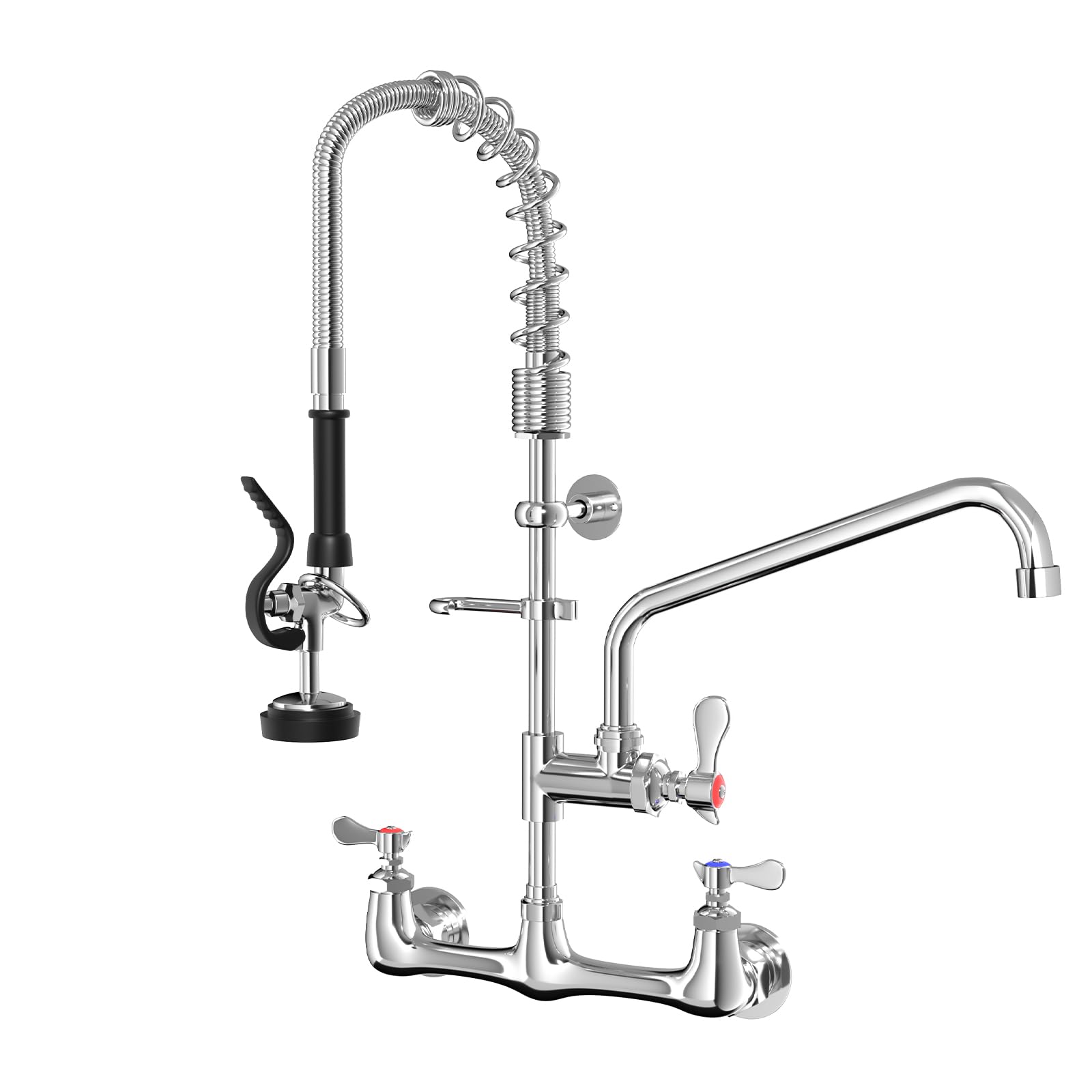 25" Commercial Wall Mount Kitchen Faucet with Pull Down Pre-Rinse Sprayer, Adjustable Swing Spout, Heavy-Duty Utility Sink Tap for Restaurant, Food Truck, Bar, 3 Compartment Sinks
