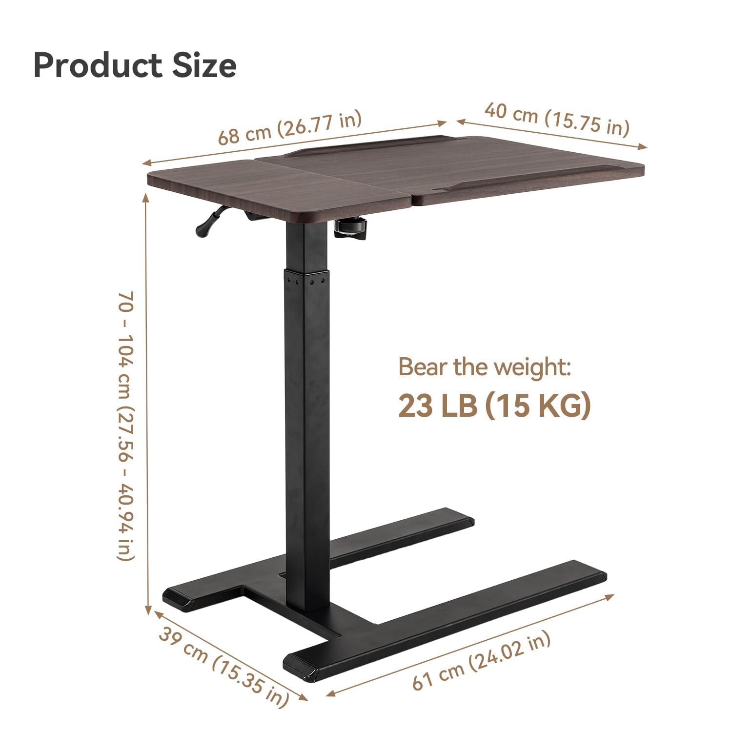 SIHOO D01 Tables de lit médicales Inclinable et Réglable avec roulettes, Bureau Mobile Pneumatique pour Ordinateur Portable, Mobile Support Ordinateur Portable lit（Noyer foncé）