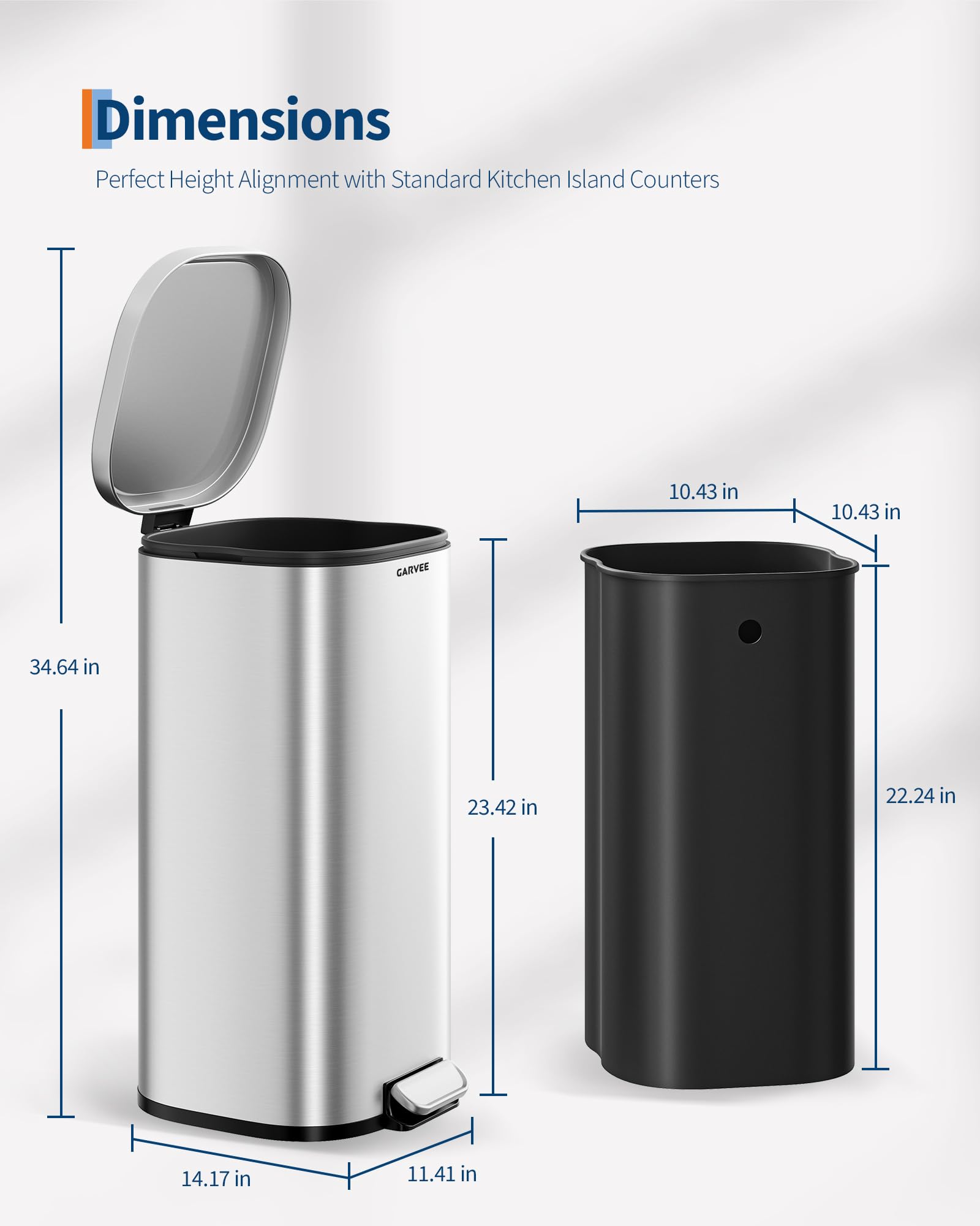 30L Edelstahl Mülleimer mit Soft-Close, Treteimer für Küche | 30L Treteimer aus Edelstahl mit Soft-Close-Deckel, Inneneimer, Fußpedal und fingerabdruckresistenter Oberfläche für Küche