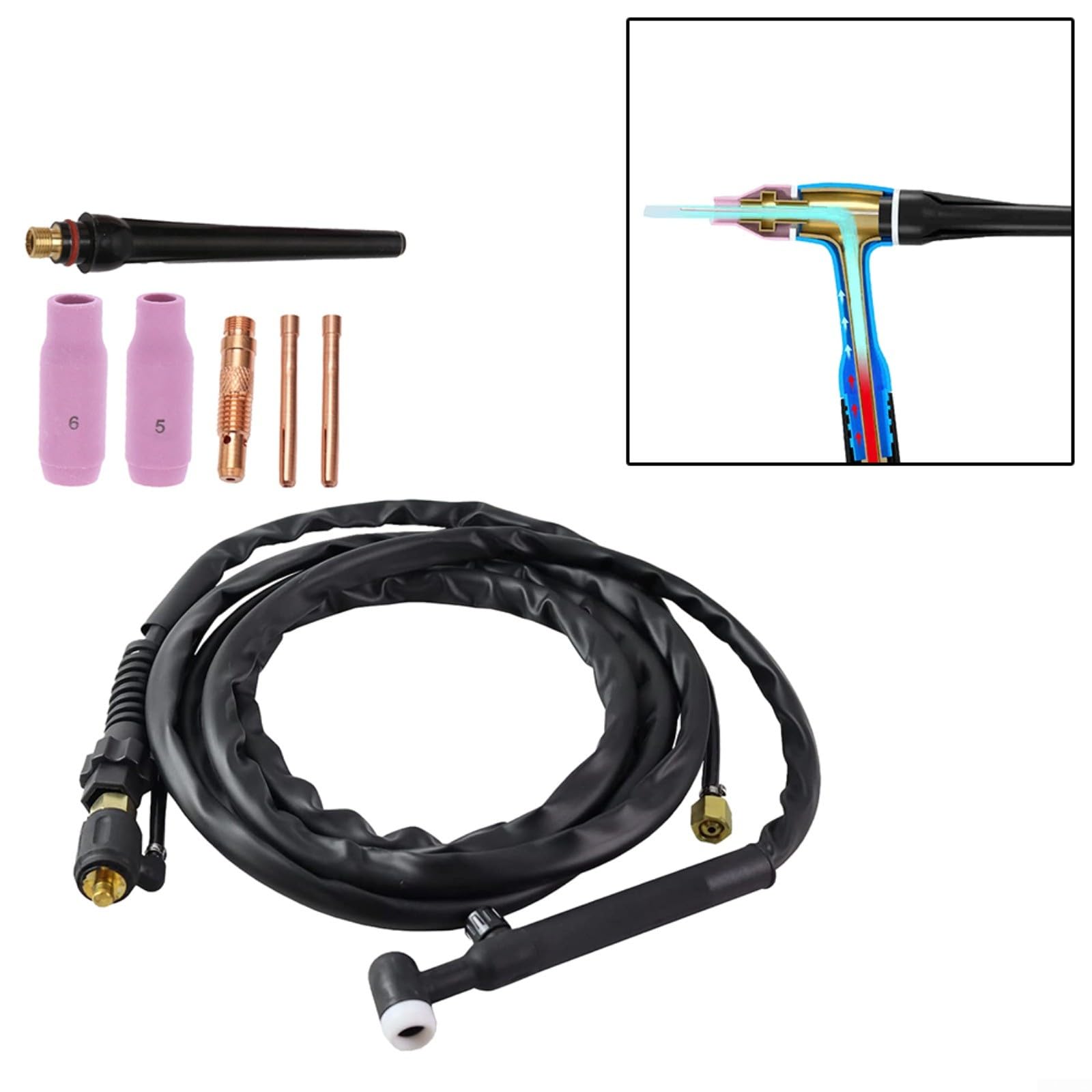 Antorcha de soldadura TIG WP-17V Válvula de gas Cable de 4 m 200 A Boquillas de cerámica de cabeza de latón de doble tamaño Mangas de sujeción Lift-TIG Fácil encendido Tapa larga para
