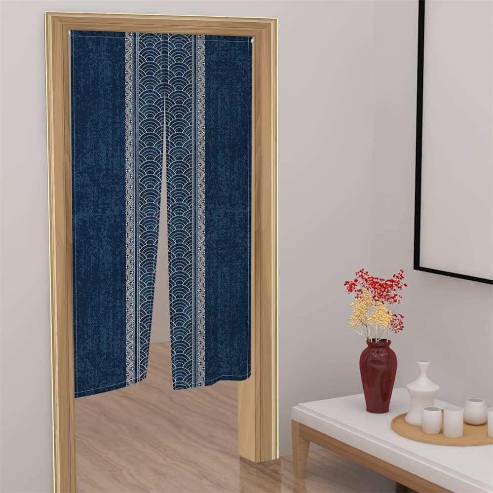LeowefowaJapanese Noren Doorway Curtain Long Type Japanese Style Window Treatment Hanging Door Tapestry for Ukiyoe Room Divider Kitchen Home Decor 28.3" Width x 47.2" Long (Splicing Wave, Royal Blue)