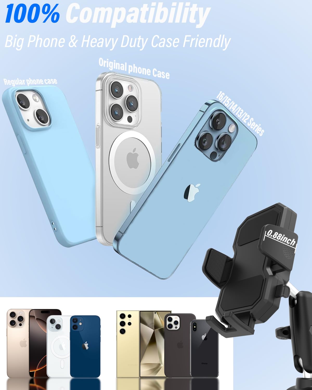 Supporto per cellulare per carrozzina [con fascia ultra stabile], per manubrio/cyclette/sedia a rotelle/barca/bici da corsa/scooter E, per iPhone 16 Pro Max/15/14/13 e tutti gli smartphone