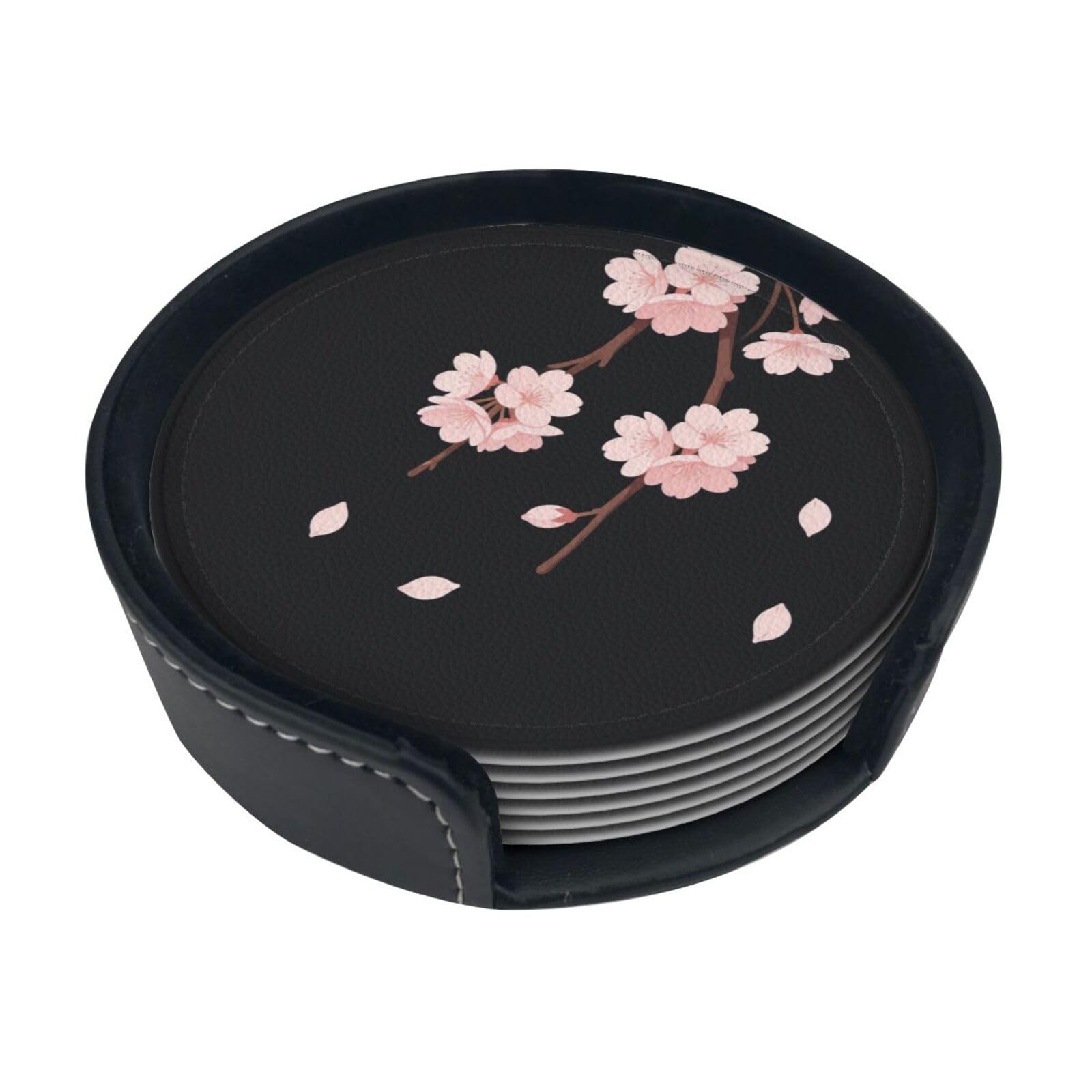 Cntdbu White Night Cherry Leather Coasters Set Of 6-Pu Leather Drink Mats For Table, Heat Resistant Round Coasters With Holder