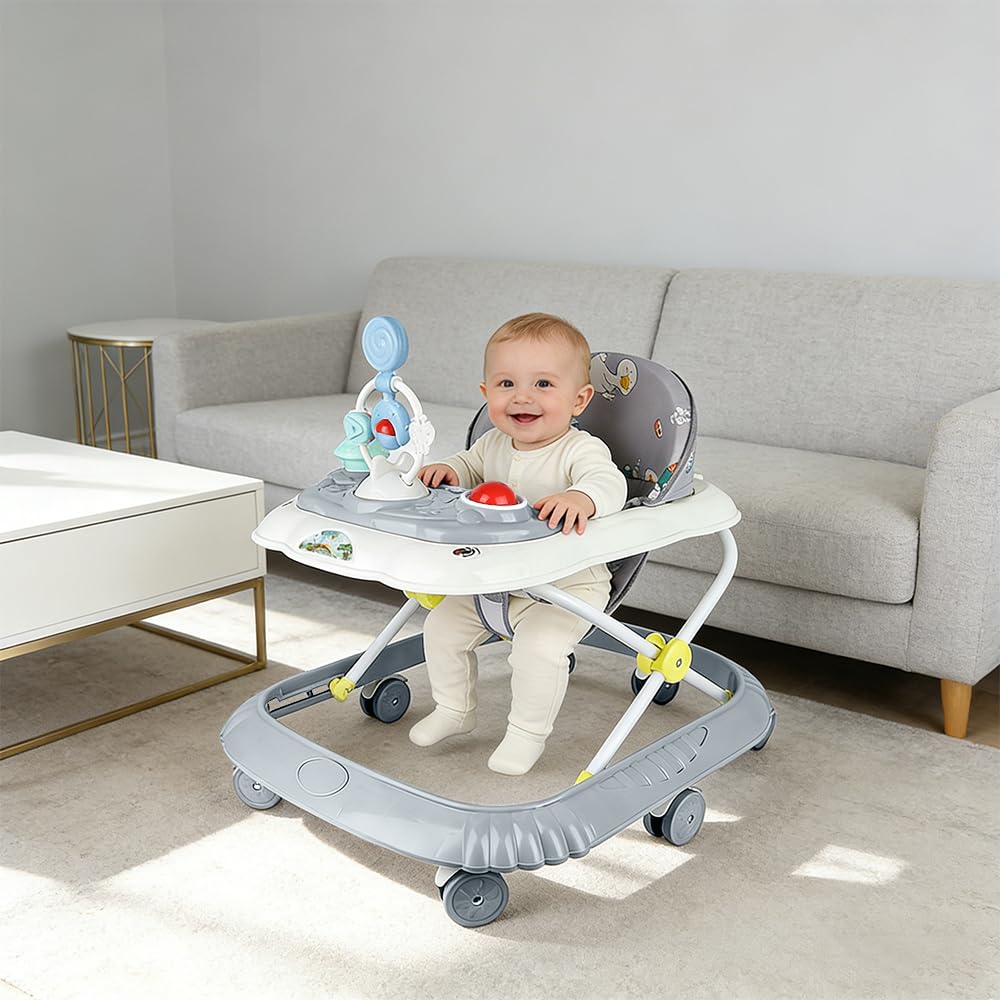 Girello 4 in 1, girello pieghevole per bambini con vassoio di gioco interattivo con suoni, base anti-ribaltamento, deambulatore ruote in silicone e 4 posizioni di altezza, da 6 a 18 mesi (grigio-67 x - 3